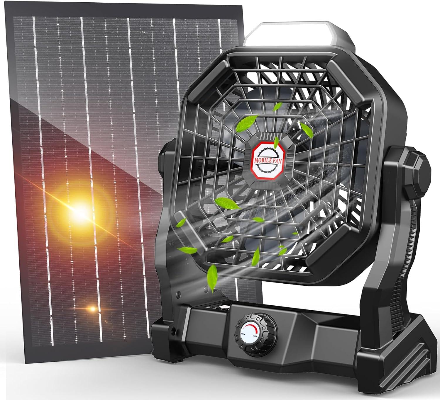 Black Portable Solar-Powered Desk Fan with LED Light