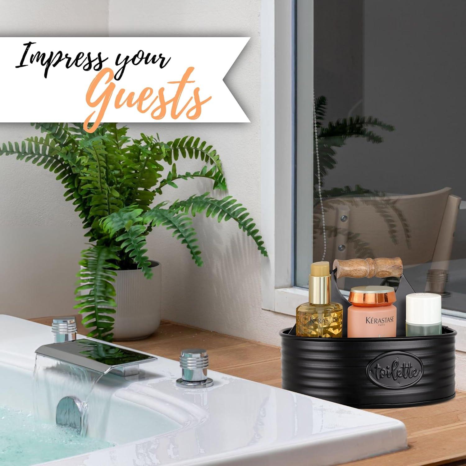 Autumn Alley Black Metal Farmhouse Bathroom Toiletries Caddy Organizer with' Toilette' Label
