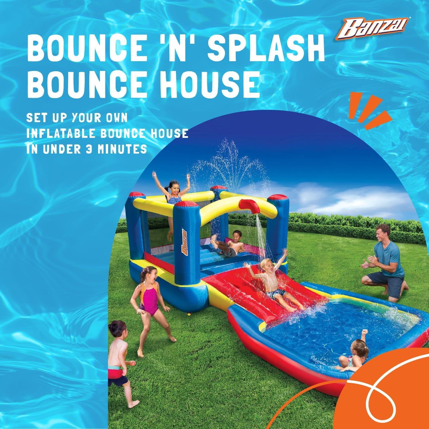 Banzai Bounce ’N’ Splash Water Slide, Heavy Duty Inflatable Outdoor Water Park w/ Bounce House, Slide, and Splash Pool, for Kids Ages 5-12, Multicolor