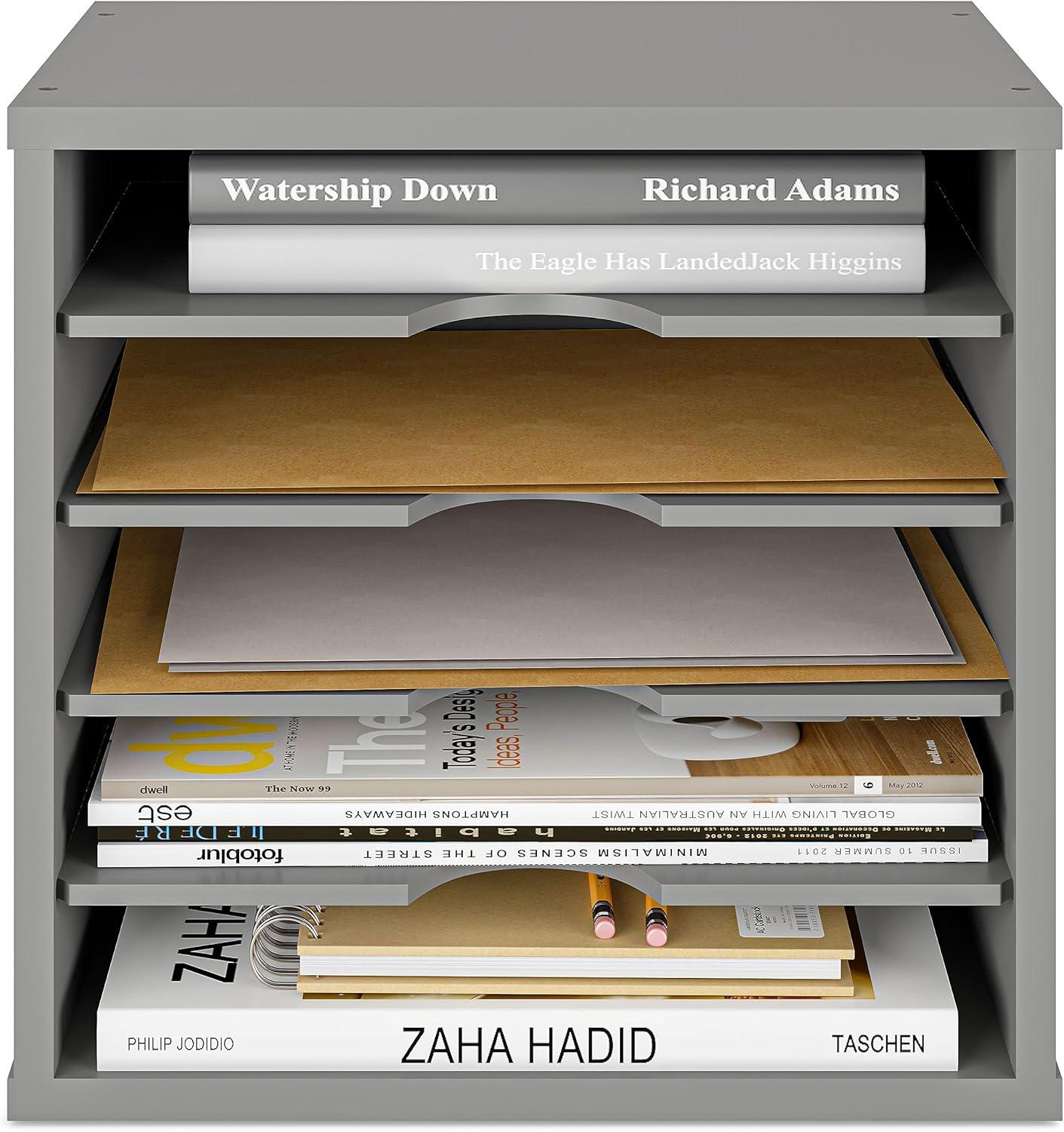 Ballucci 5-Tier Paper Organizer, File Holder, Mail Sorter, Wood Stackable Letter Tray, Gray