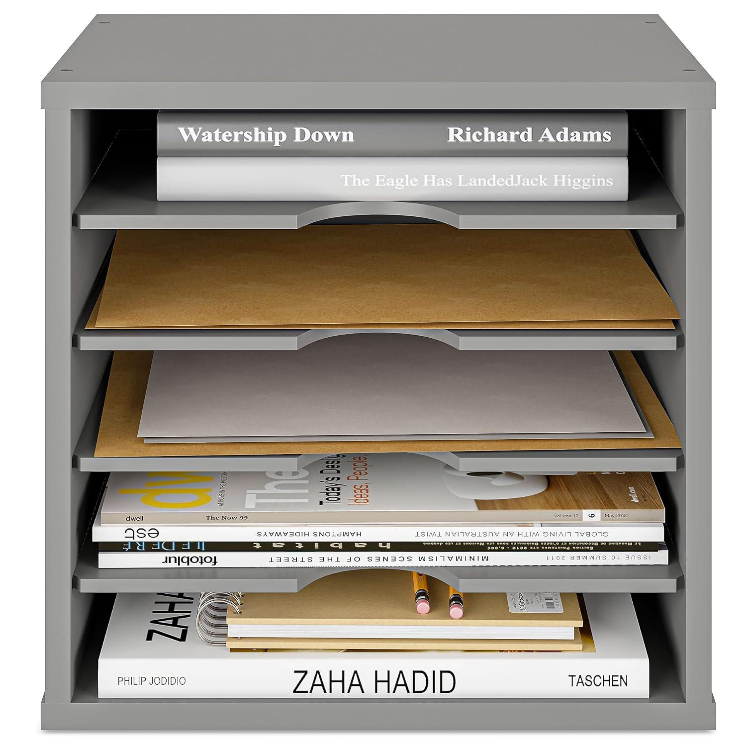 Ballucci 5-Tier Paper Organizer, File Holder, Mail Sorter, Wood Stackable Letter Tray, Gray