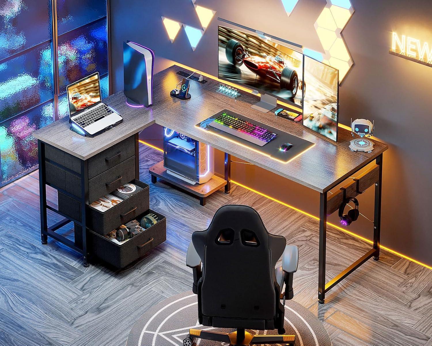 AODK L Shaped Desk with 4 Tier Drawers, 53" Reversible Gaming Desk with Power Outlets, L Shaped Computer Desk with USB Charging Port and Host Stand, Home Office Corner Desk, Easy to Assemble, Grey Oak