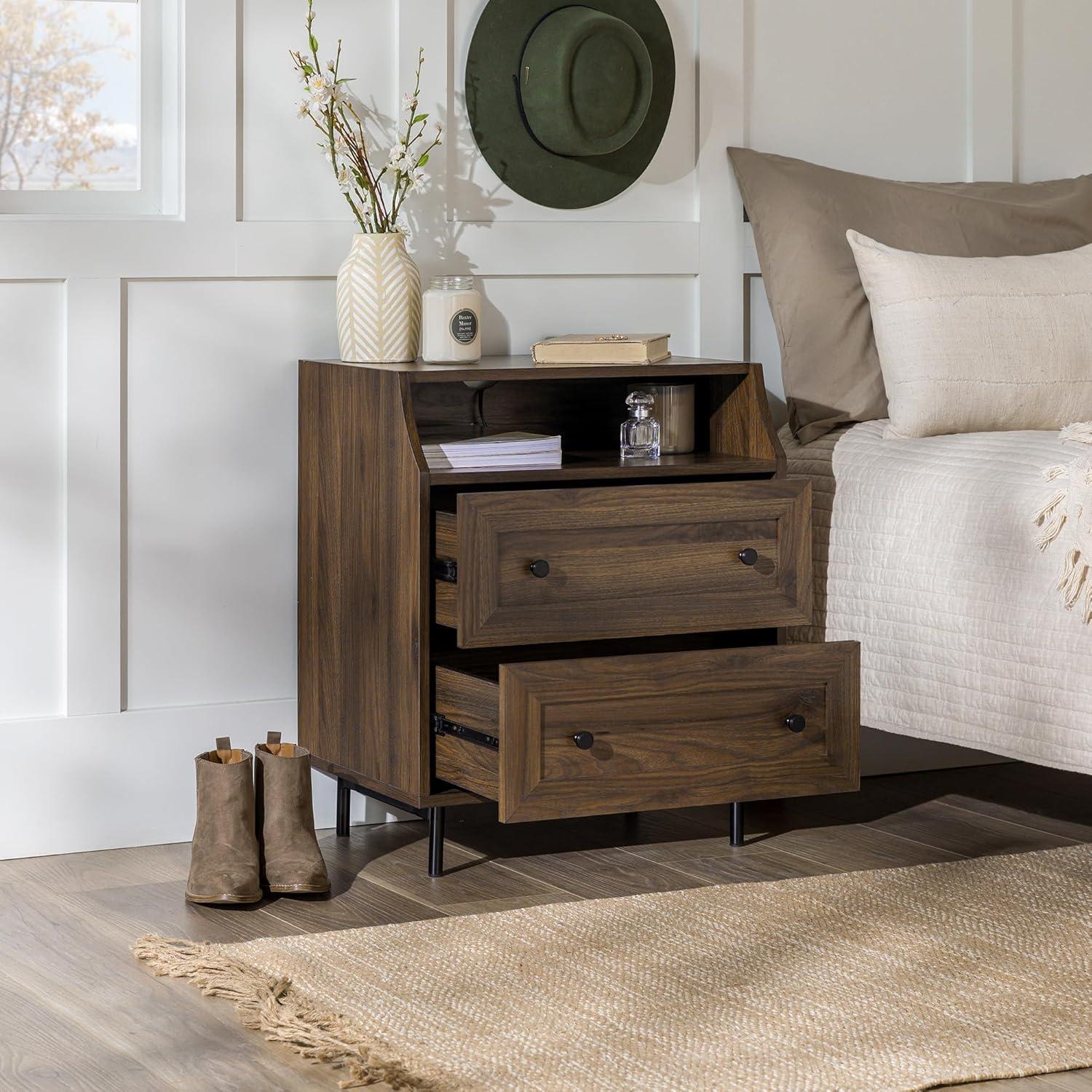 Walker Edison Modern 2 Drawer Nightstand with USB Port, Dark Walnut