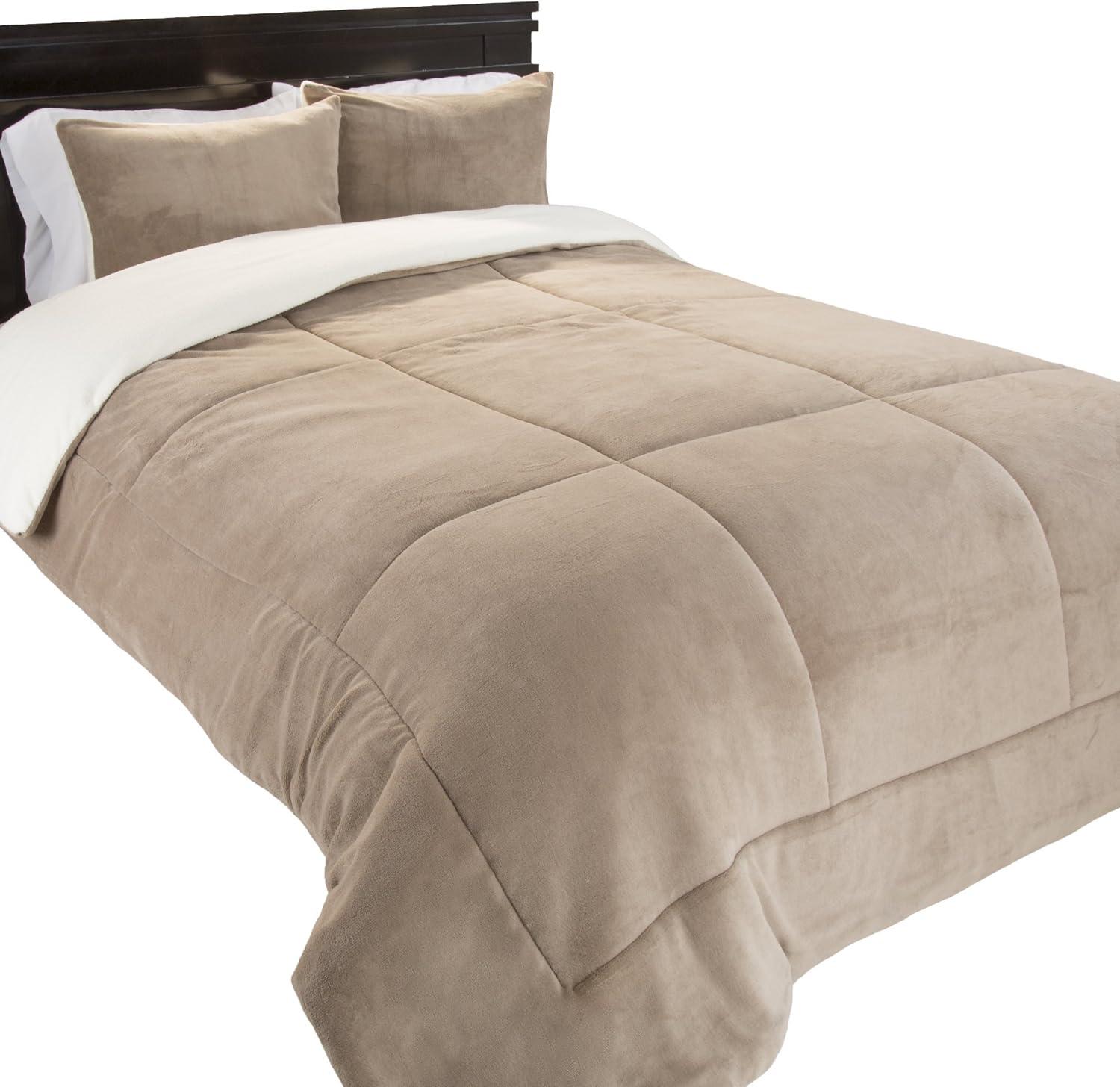 3 Piece Sherpa & Fleece Comforter Set, Full & Queen Size - Taupe