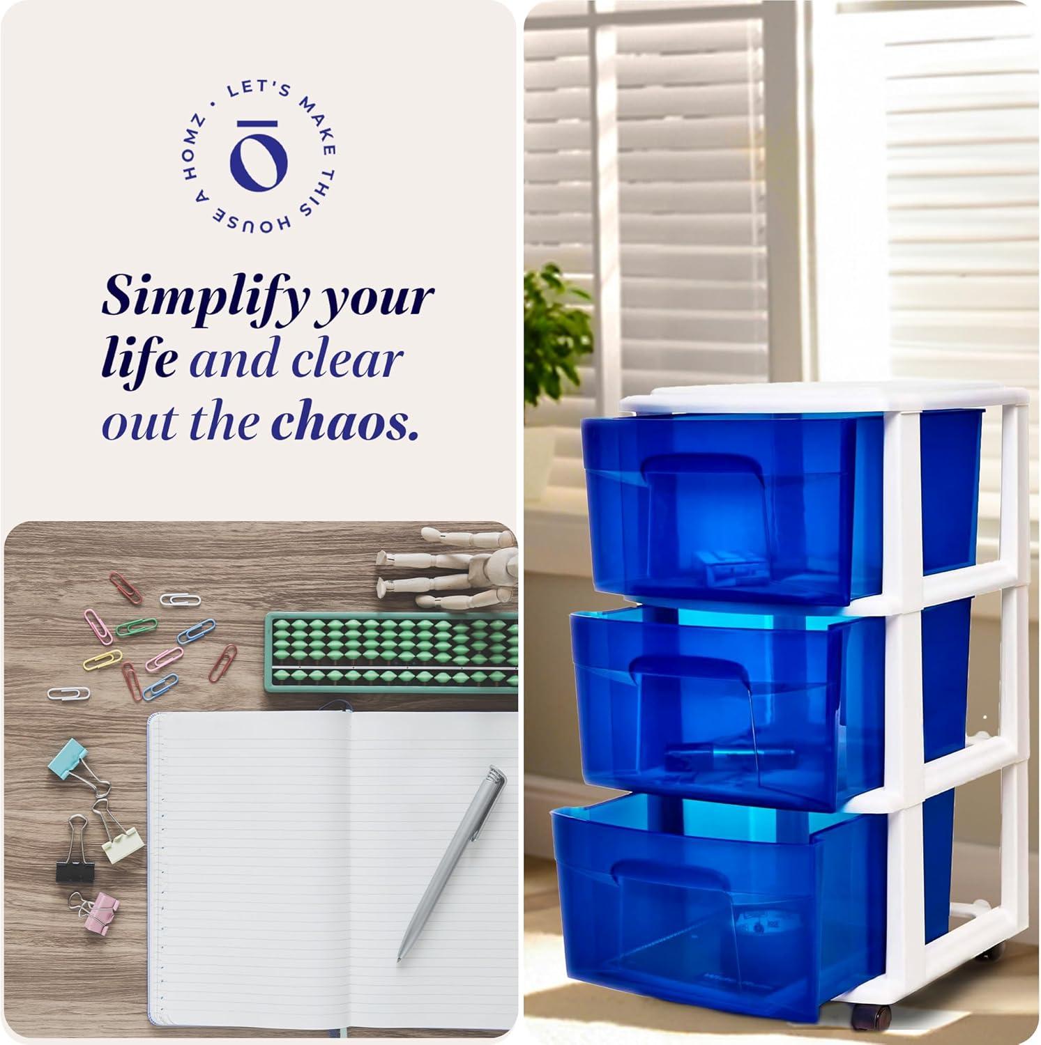 CLkPde Plastic 3 Drawer Medium Home Organization Storage Container Tower with 3 Large Blue Drawers and Removeable Caster Wheels, White Frame