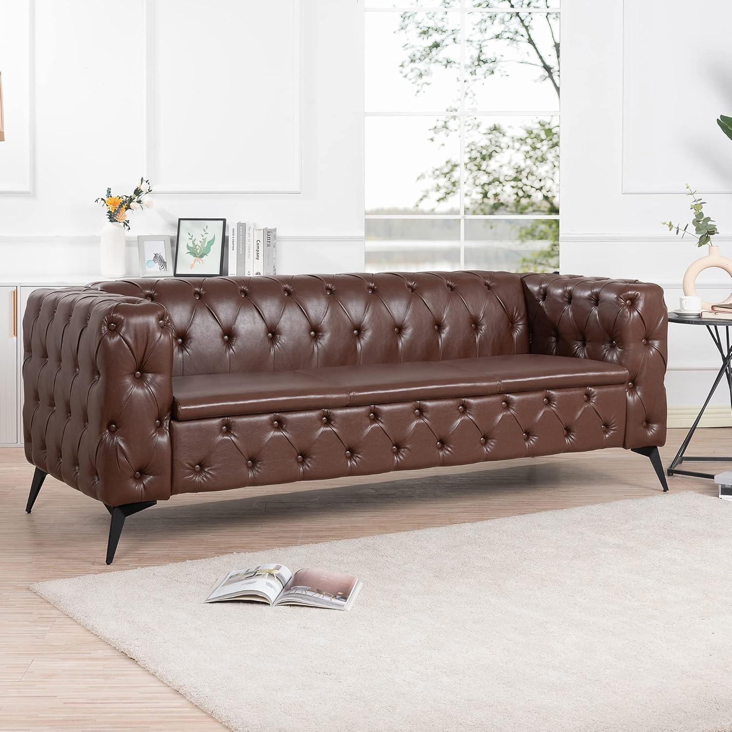 QHITTY Chesterfield Tufted Sofa, Leather Couch Accent Upholstered 3 Seater Button Sofa with Tufted Back for Living Room Bedroom Furniture (Dark Brown)