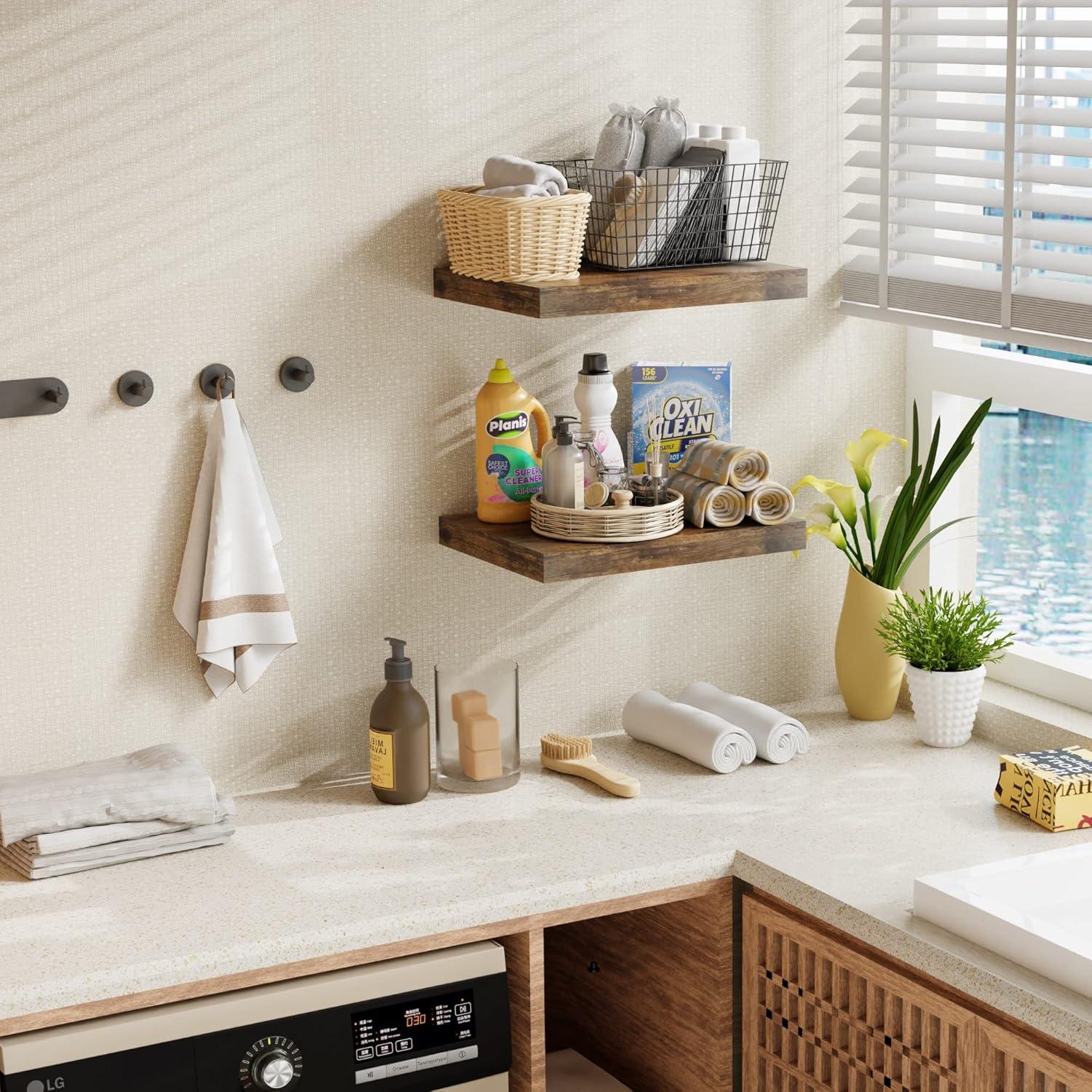 Rustic Brown 12 Inch Deep Floating Shelves for Wall - Set of 2, Wood Shelving Live Edge Shelves Display for Storage, Bathroom & Living Room, Bedroom, Kitchen, Office