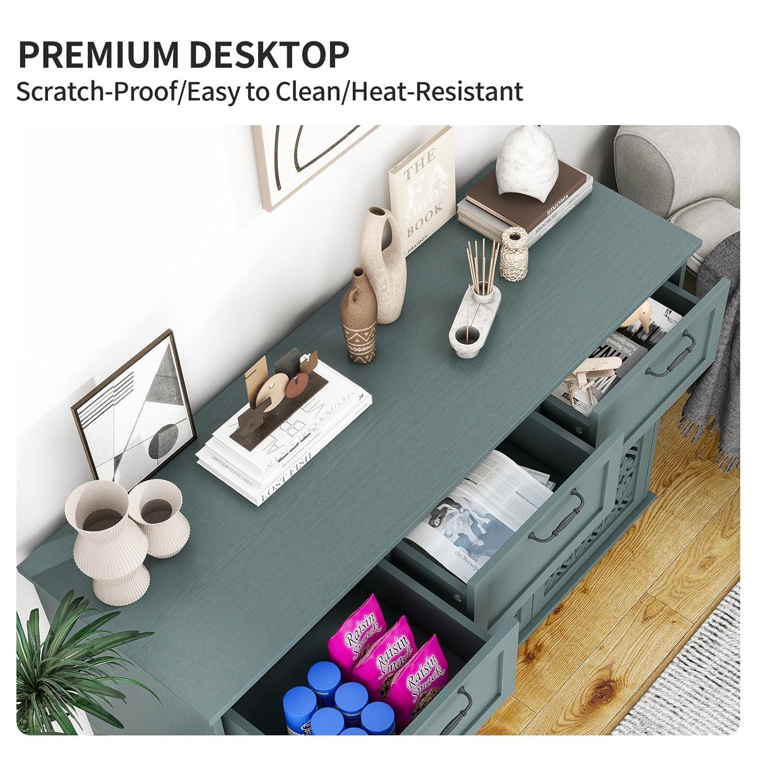 KINFFICT Sideboard Storage Cabinet with 3 Doors & 3 Drawers, Mid-Century 47"L Accent Cabinet for Living Room, Bedroom, Dark Green