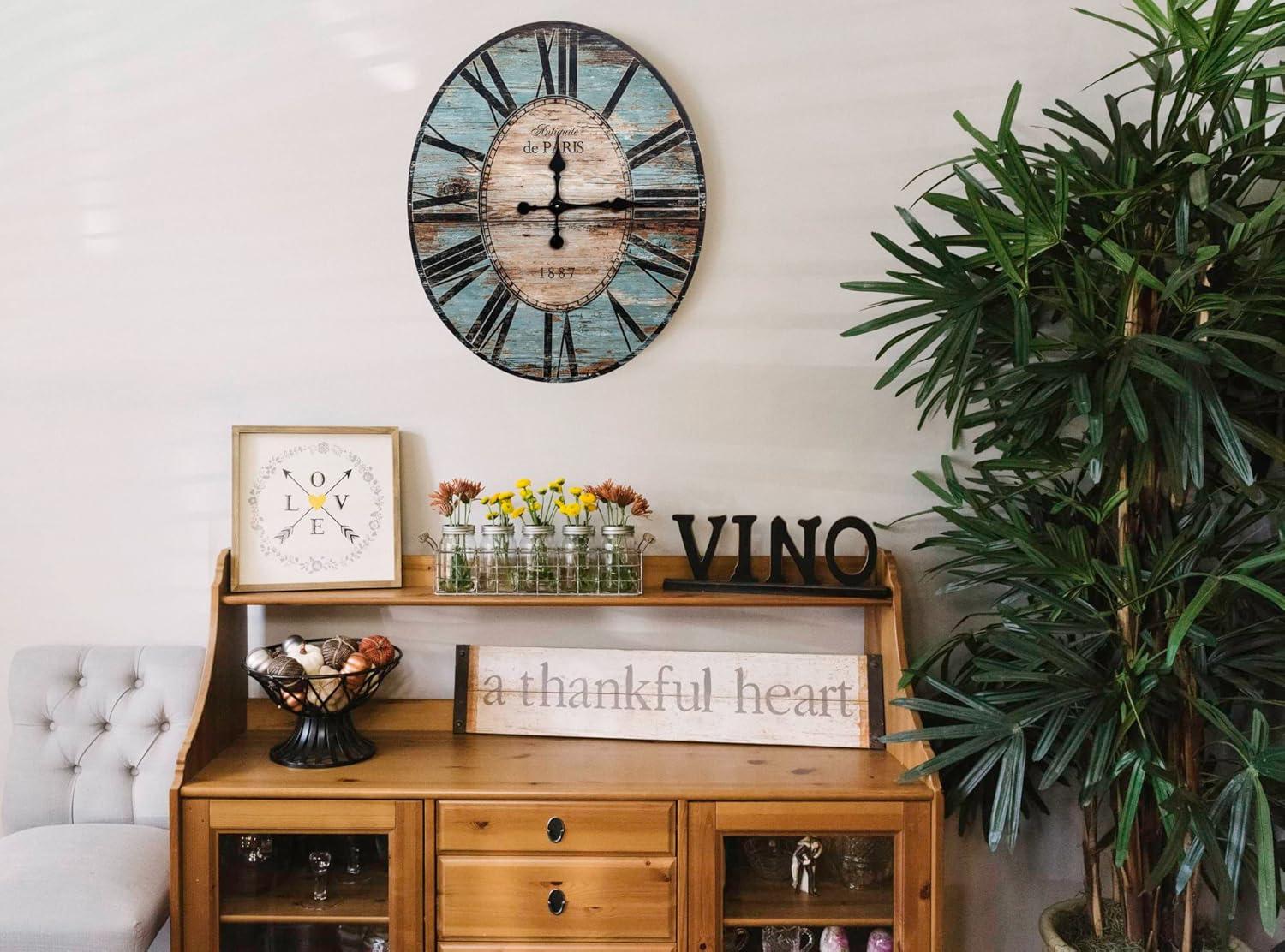 Oversized Turquoise Distressed Wood Oval Wall Clock