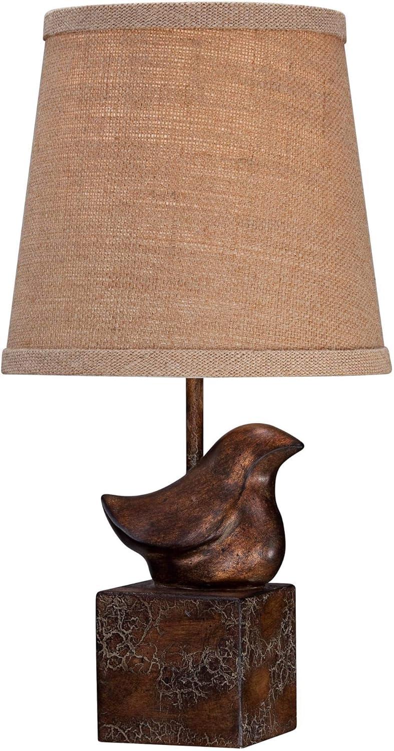 Bronze Bird Sculptural Accent Table Lamp with Burlap Shade