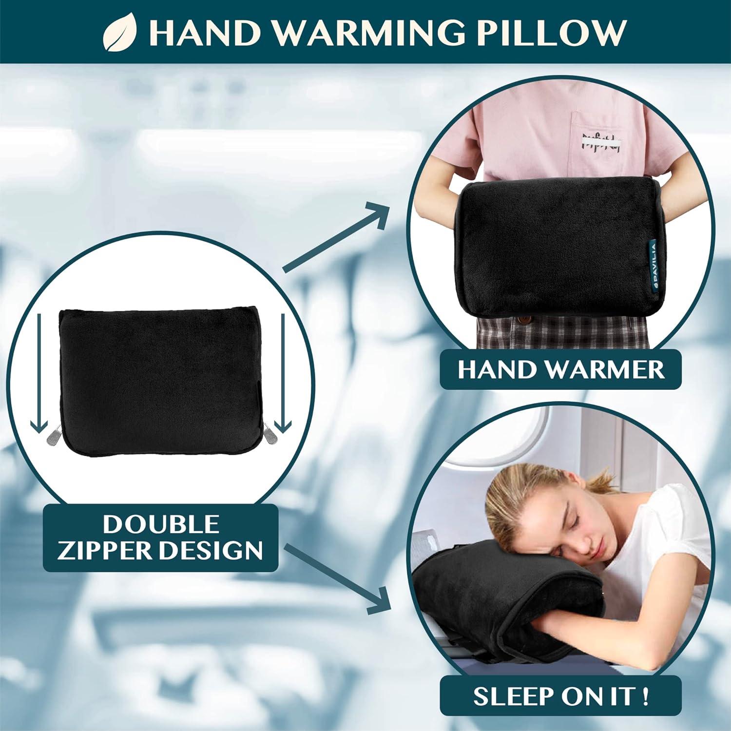 PAVILIA Travel Blanket and Pillow, Warm Soft Fleece 2-IN-1 Combo Large Compact Set for Airplane Camping Car Trips (Black, 60 x 43 inches)