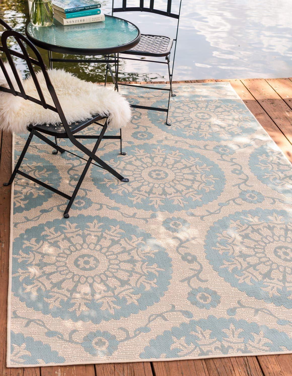 Unique Loom Outdoor Botanical Collection Area Rug - Medallion (9'  x 12' 2" Rectangle Aqua/Beige)