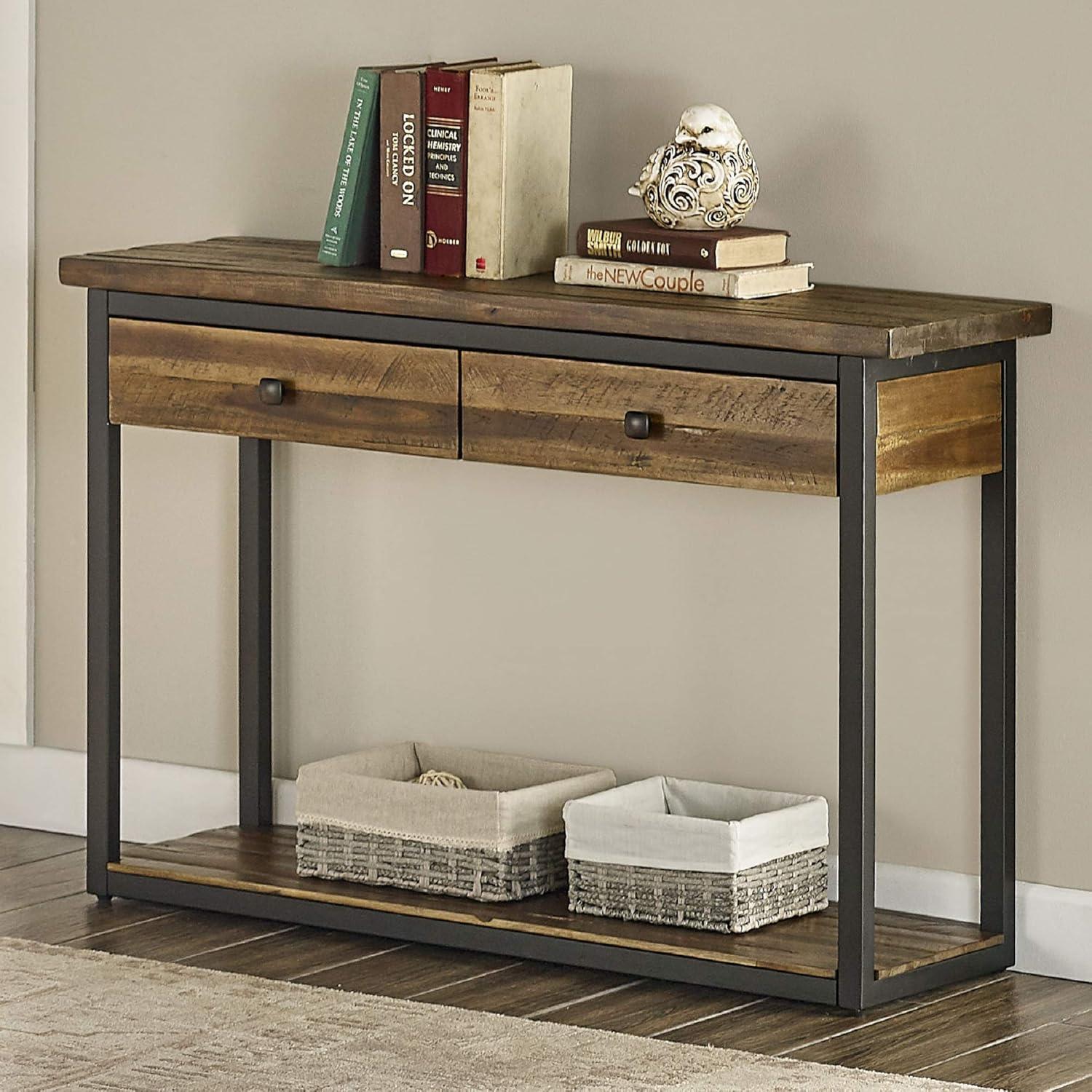 Claremont Rustic Wood Console Table with Two Drawers and Low Shelf Dark Brown - Alaterre Furniture: Industrial Style, Metal Frame, Entryway Storage