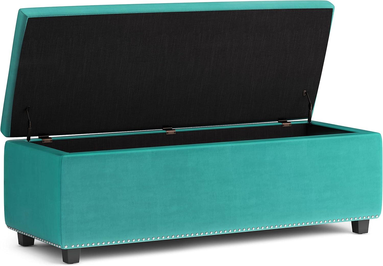 Simpli Home Hamilton 48 inch Wide Traditional Rectangle Storage Ottoman in Aqua Blue Velvet Fabric