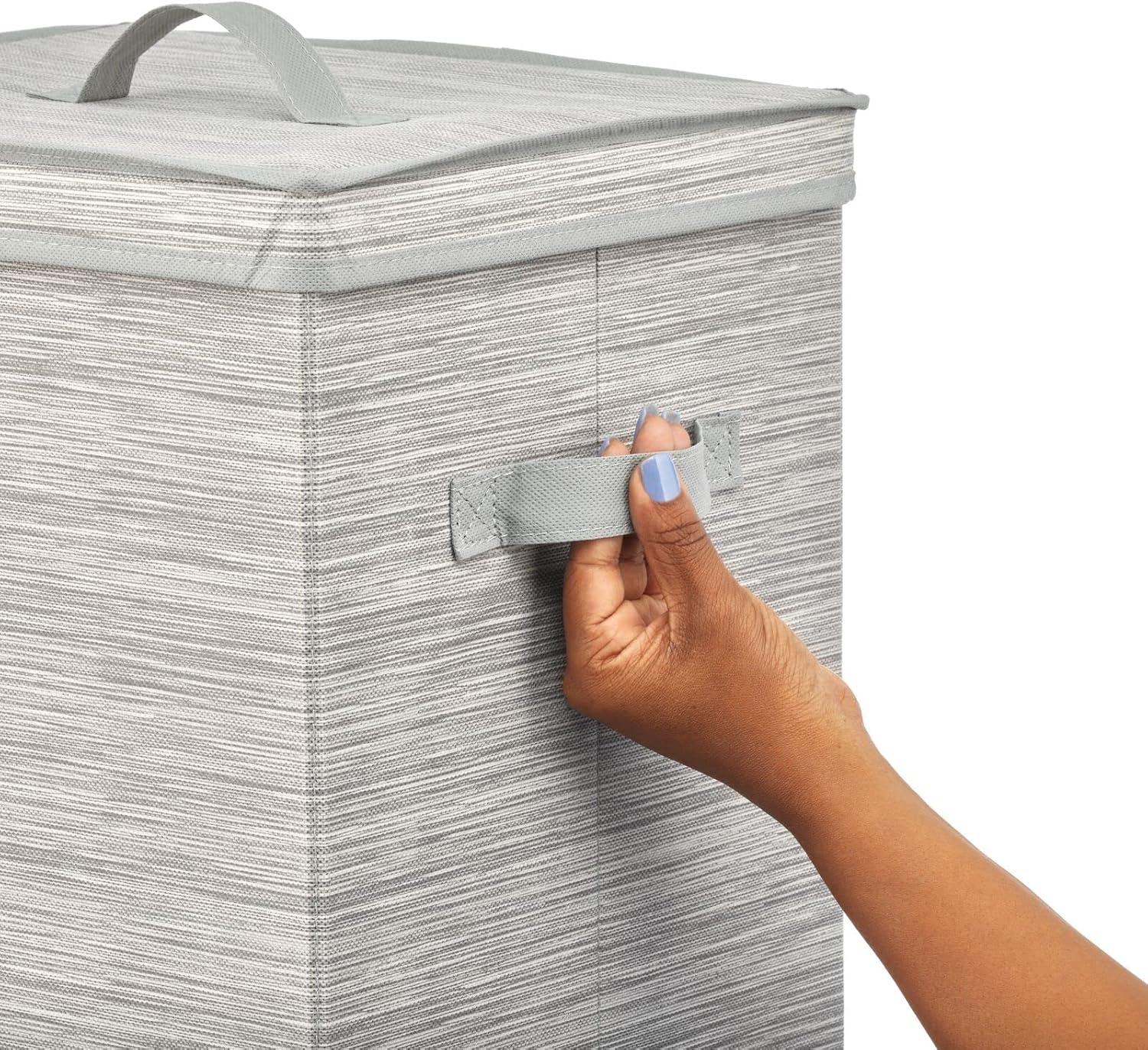 mDesign Tall Gift-Wrapping Paper Storage Box with Handles, Holder for Christmas and Holiday Organizer Container - Removable Lid for Rolls of Wrap, Inside Closet Storage Totes, Stripe, Taupe/Tan