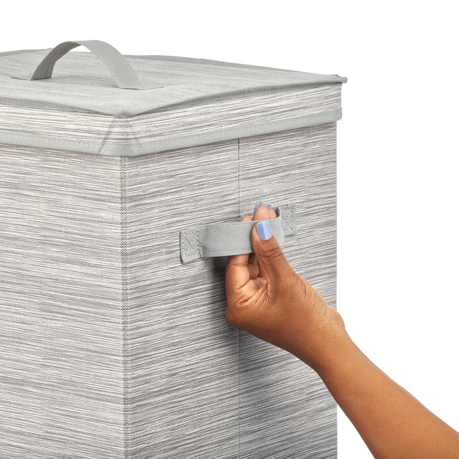 mDesign Tall Gift-Wrapping Paper Storage Box with Handles, Holder for Christmas and Holiday Organizer Container - Removable Lid for Rolls of Wrap, Inside Closet Storage Totes, Stripe, Taupe/Tan