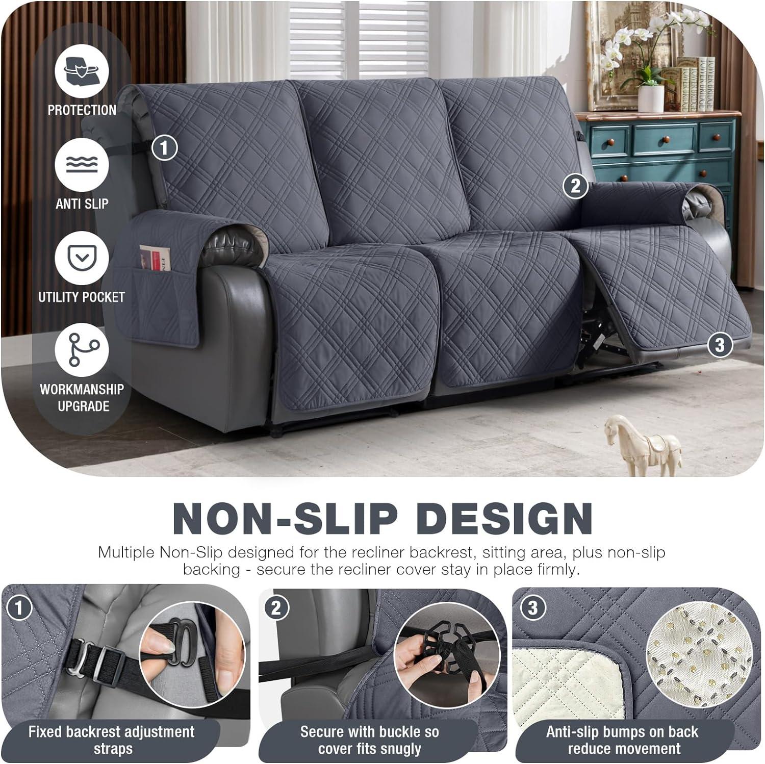 Box Cushion Recliner 3 Seater Sofa Slipcover, Non-Slip Pet Reclining Couch Cover with Pockets Furniture Protector