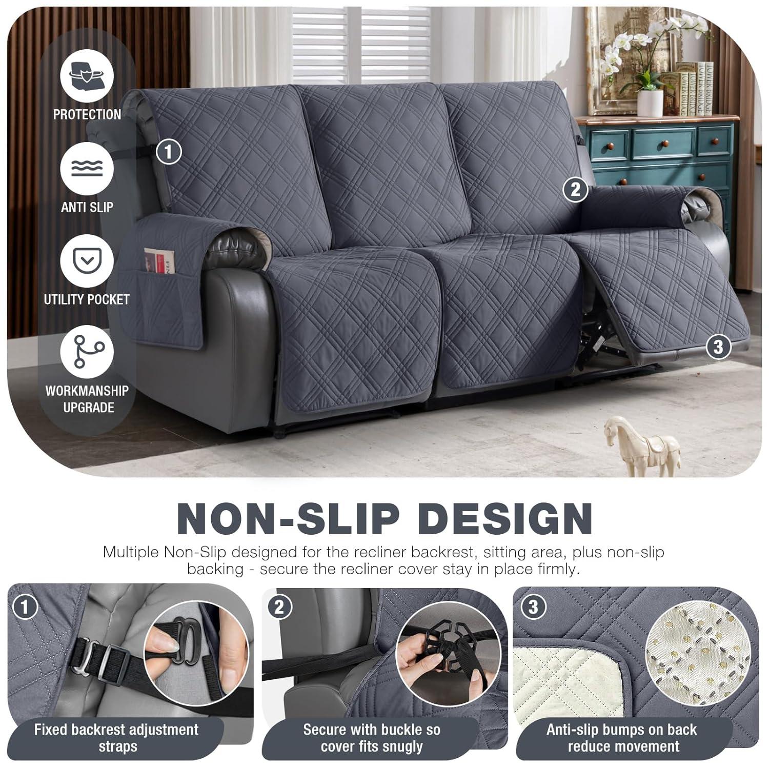 Latitude Run® Box Cushion Recliner 3 Seater Sofa Slipcover, Non-Slip Pet Reclining Couch Cover with Pockets Furniture Protector