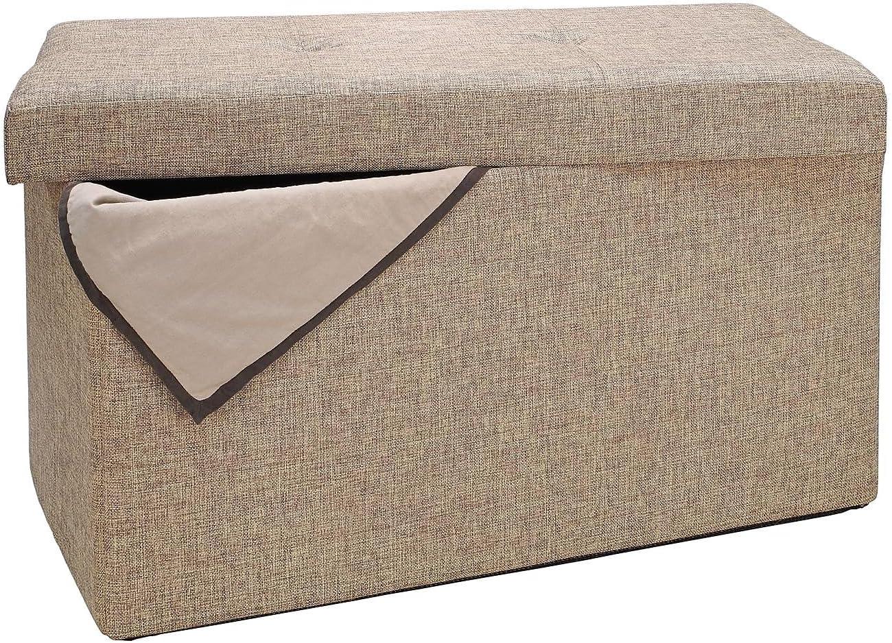 Simplify Beige Faux Linen Double Folding Storage Ottoman