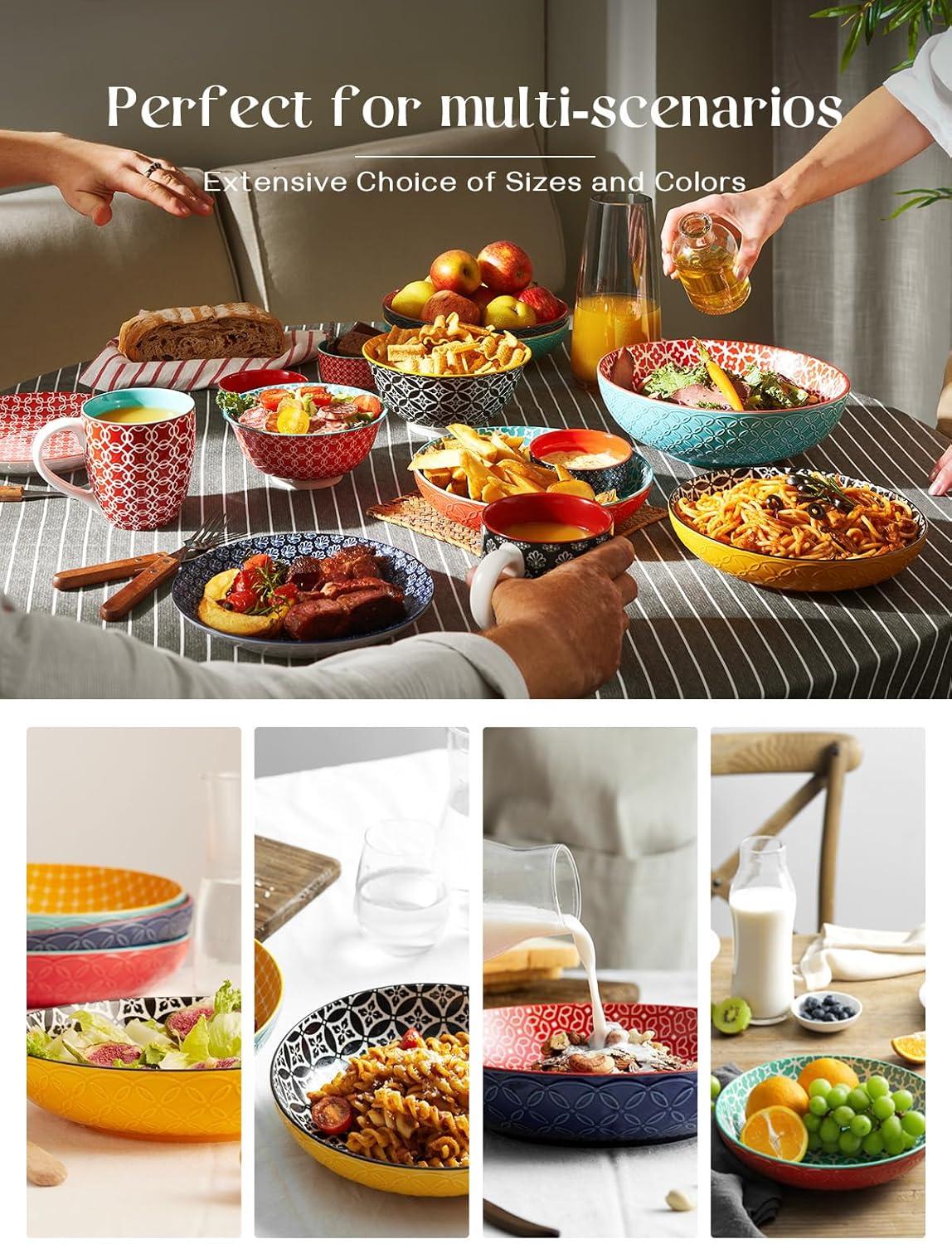 Vibrant Multicolor Ceramic 35 oz Pasta and Salad Bowls Set