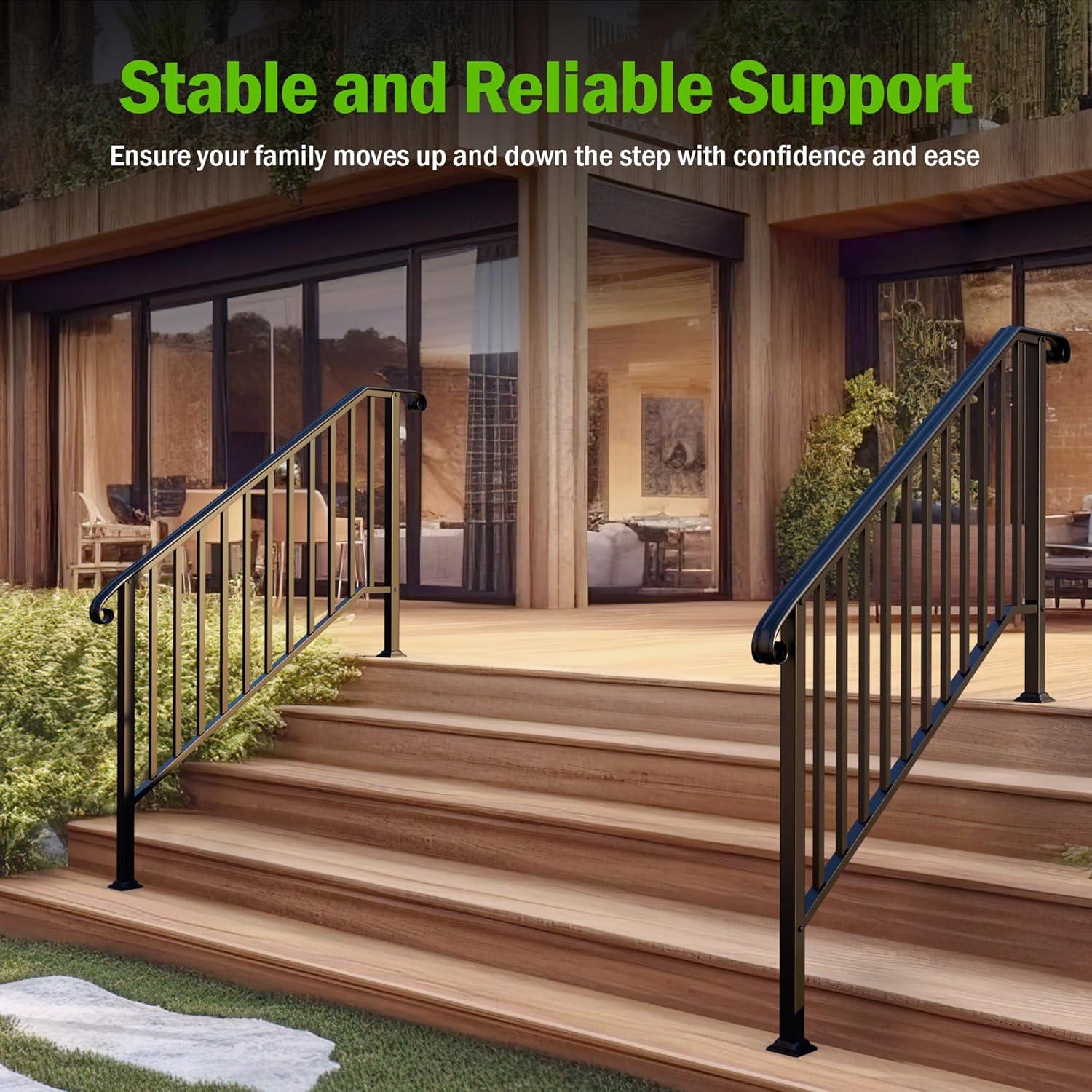 2 Pack 5 Step Handrails for Outdoor Steps, Wrought Iron Stair Railing Fits 4 or 5 Steps, Metal Hand Rail with Installation Kit, Staircase Handrails for Concrete, Porch, Deck, Exterior Steps, Black