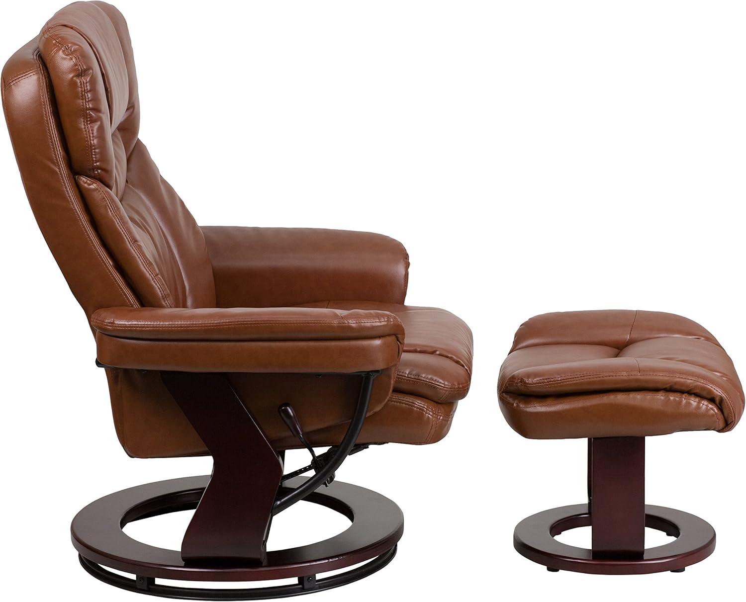 Flash Furniture Contemporary Multi-Position Recliner and Curved Ottoman with Swivel Mahogany Wood Base