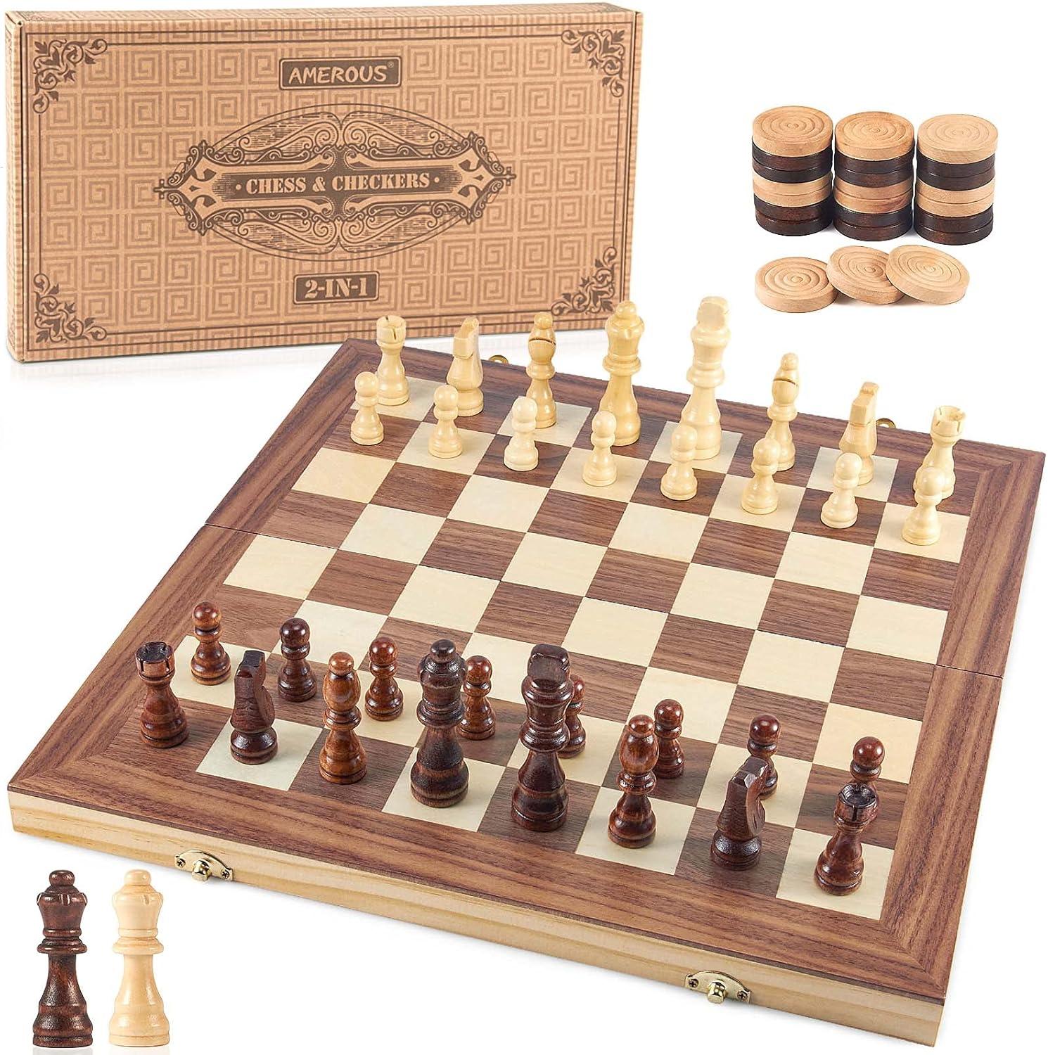 KiddiTouch 15 inch Magnetic Wooden Chess Set 2 in 1 Folding Chess Board Travel Chess Games for Adults and Kids-2 Extra Queen Pieces