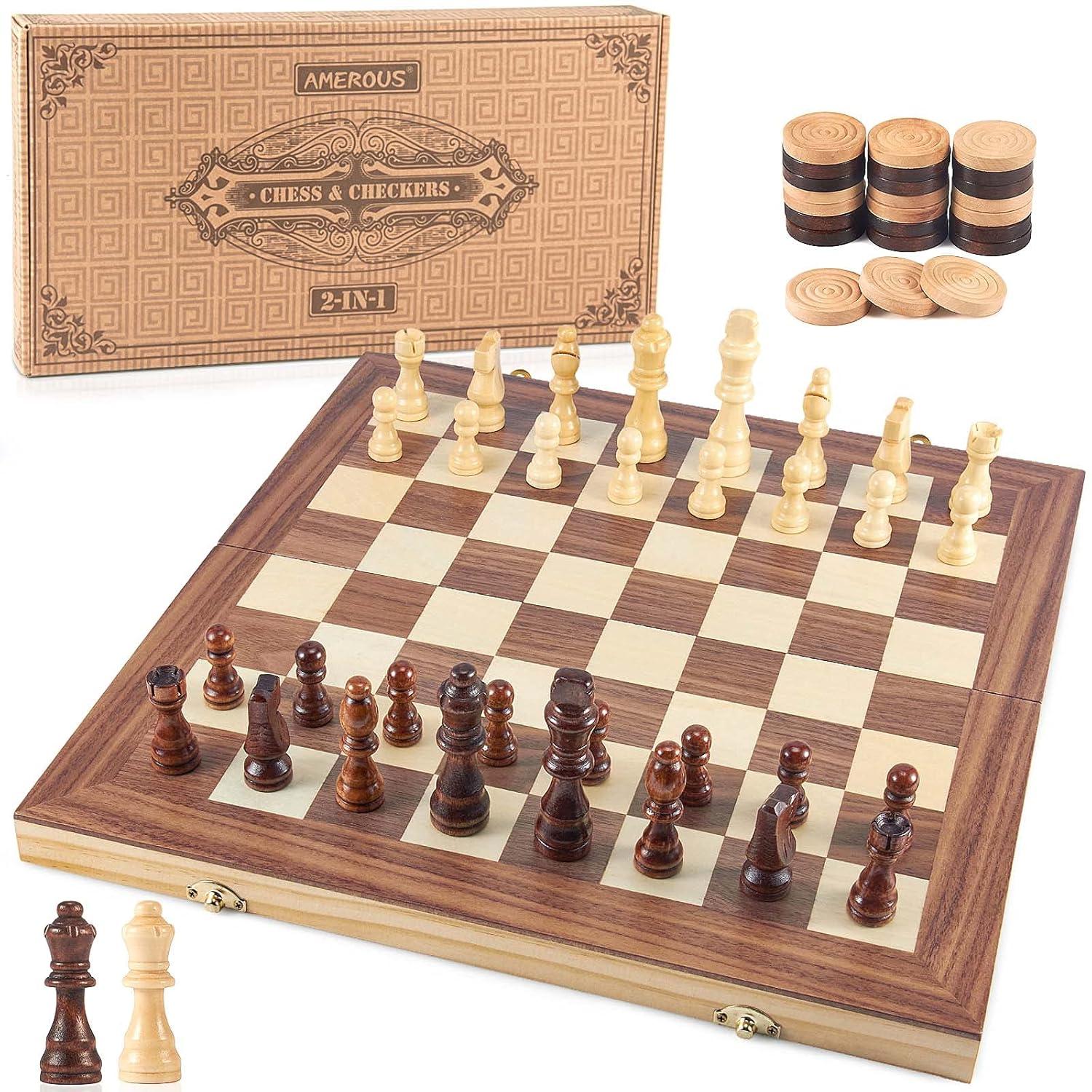 KiddiTouch 15 inch Magnetic Wooden Chess Set 2 in 1 Folding Chess Board Travel Chess Games for Adults and Kids