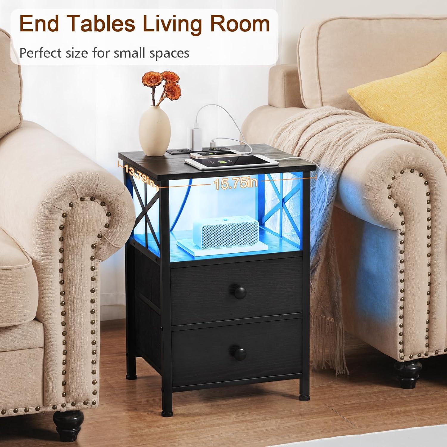 AMHANCIBLE Night Stand Set 2, LED Nightstand with Charging Station, End Tables Living Room with Fabric Drawers, Bedside Table for Bedroom, Black, HET052LBK