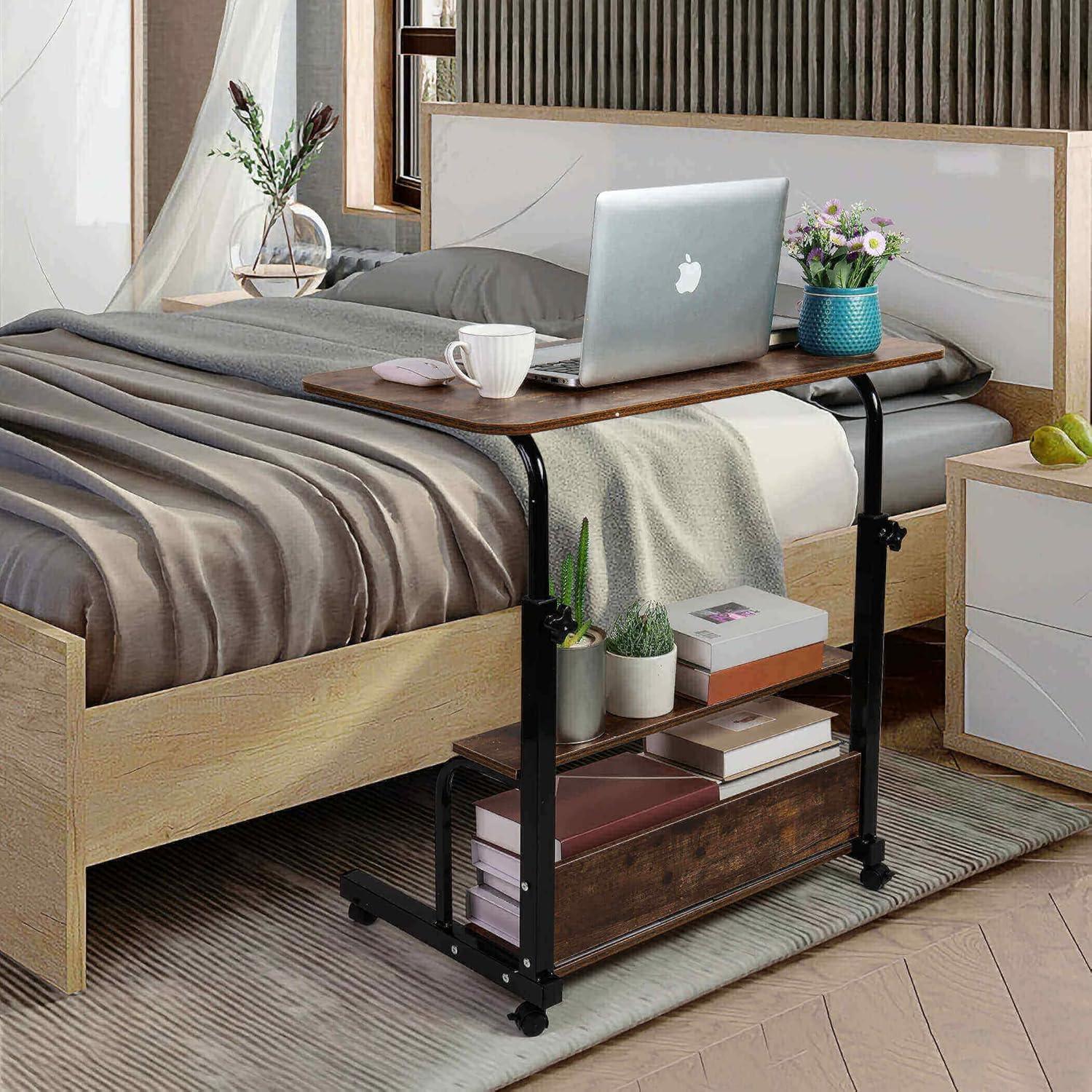 Adjustable Height Mobile Computer Desk for Small Space Rolling Writing with Wheels Corner Home Office Study Portable Desks Standing Desk Rolling Desk Mobile Laptop Table Size 31.5X15.7 Inch Brownish