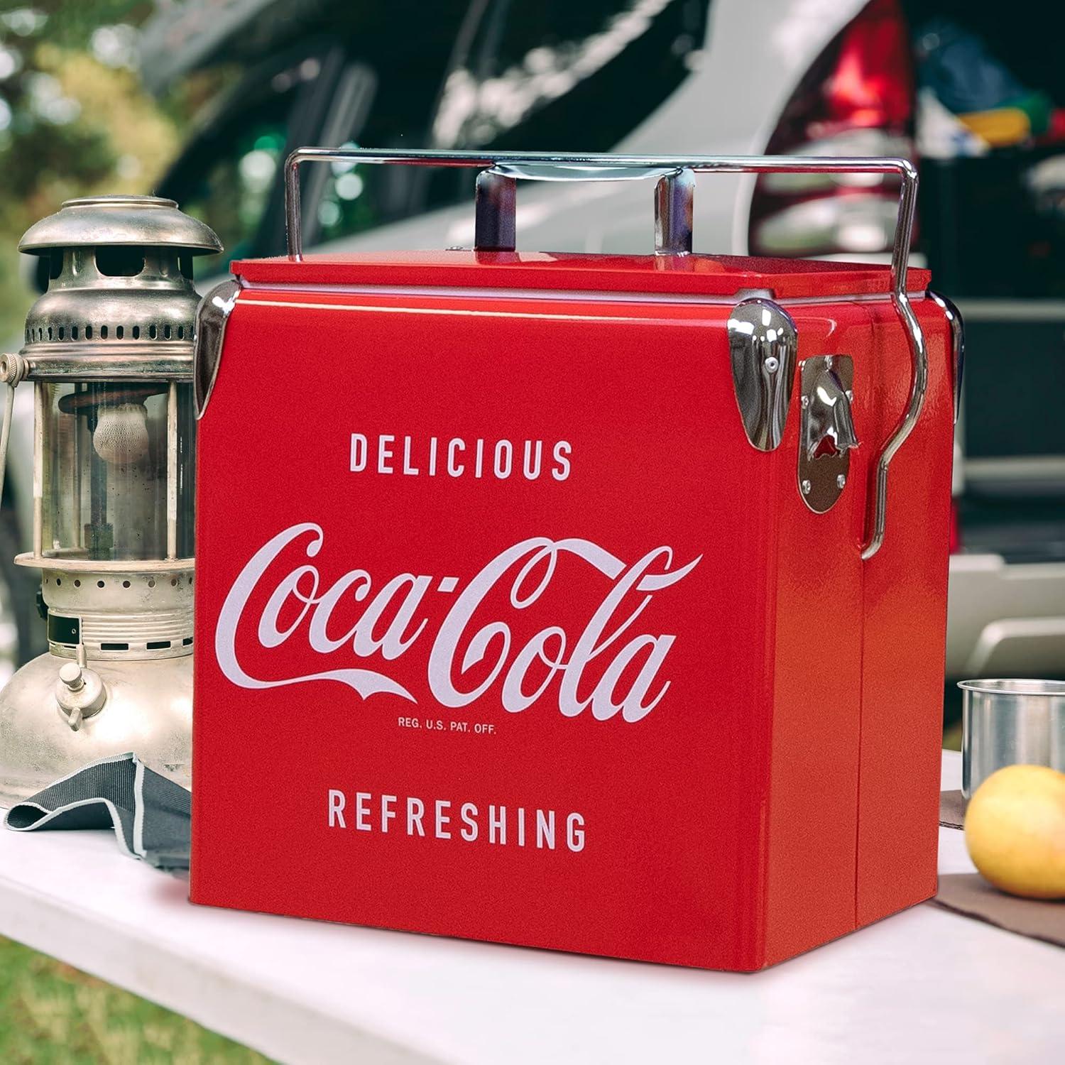 Retro Red Metal Cooler with Bottle Opener, 13L Capacity