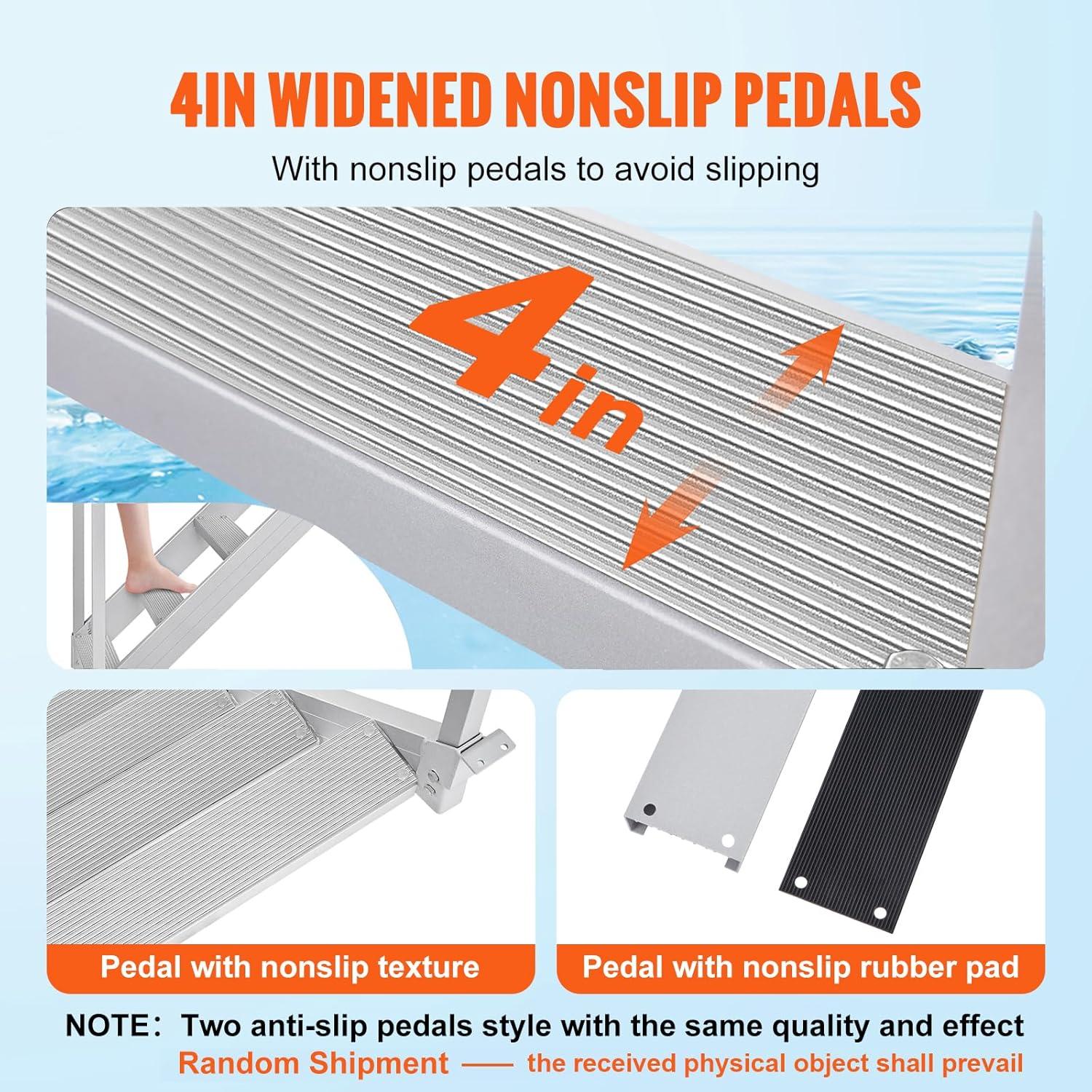 VEVOR Dock Stairs 4 Steps, 500lbs Load Pool Steps, Adjustable Height Aluminum Dock Ladders, Pontoon Boat Ladder with Handrails & Widen Nonslip Pedals for Lake/Pool/Marine Boarding/RV/House
