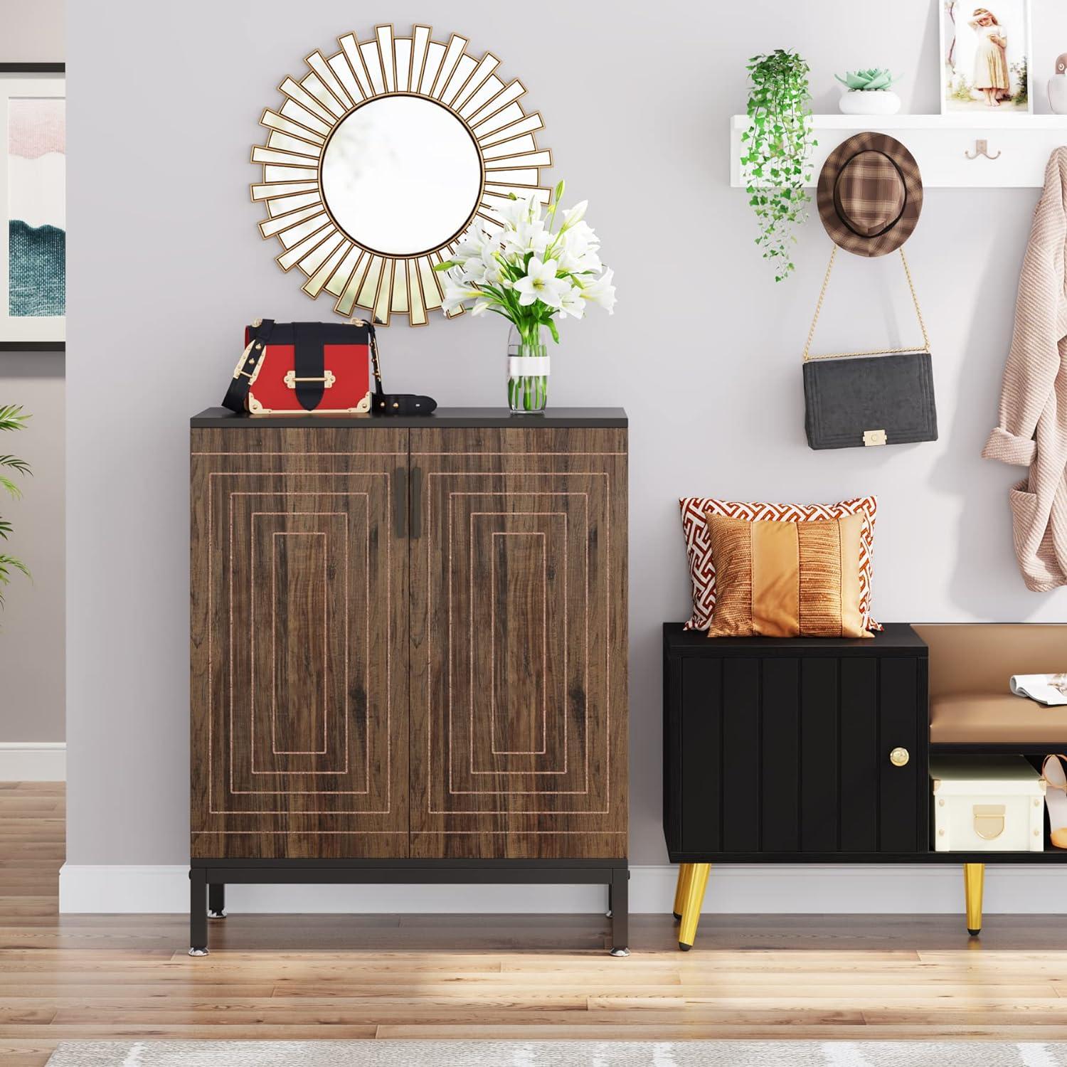 Brown and Black 5-Tier Wood Shoe Cabinet with Doors