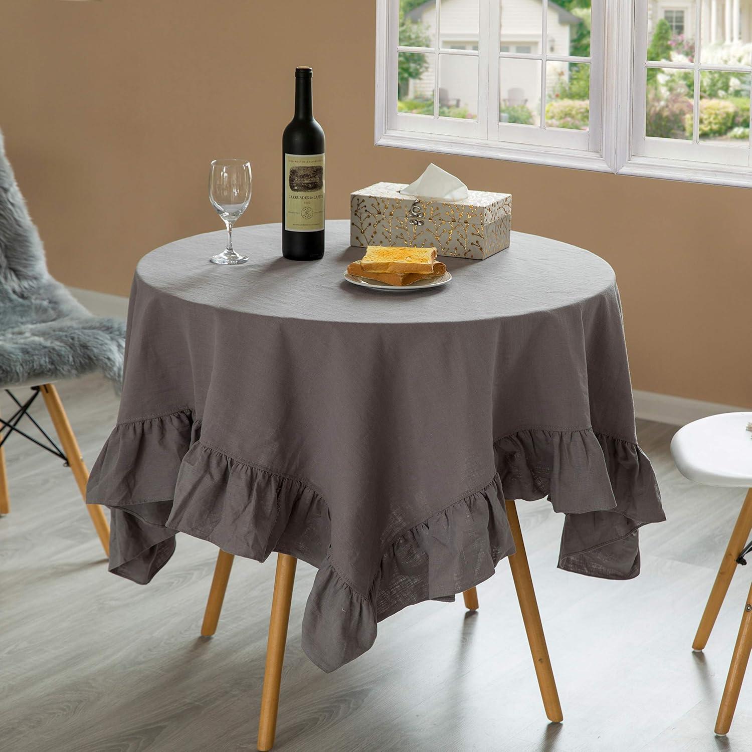 Deerlux 60" x 60" Gray Linen Tablecloth with Ruffle Trim