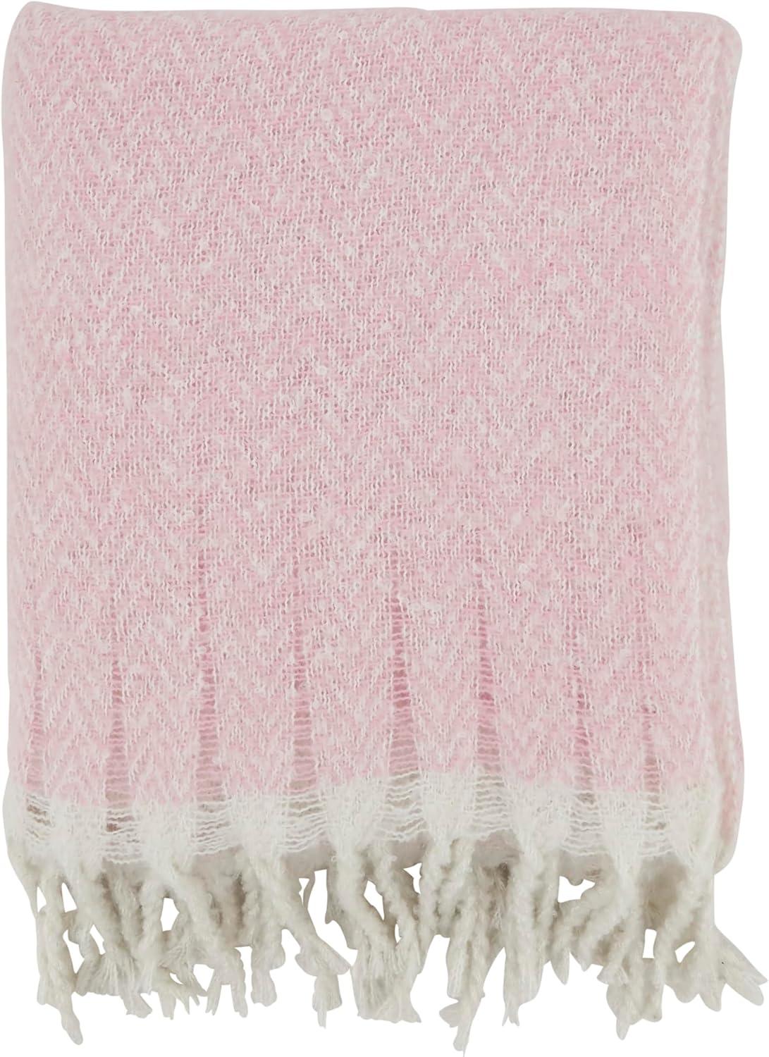 Pink Faux Mohair Herringbone Fringed Throw Blanket