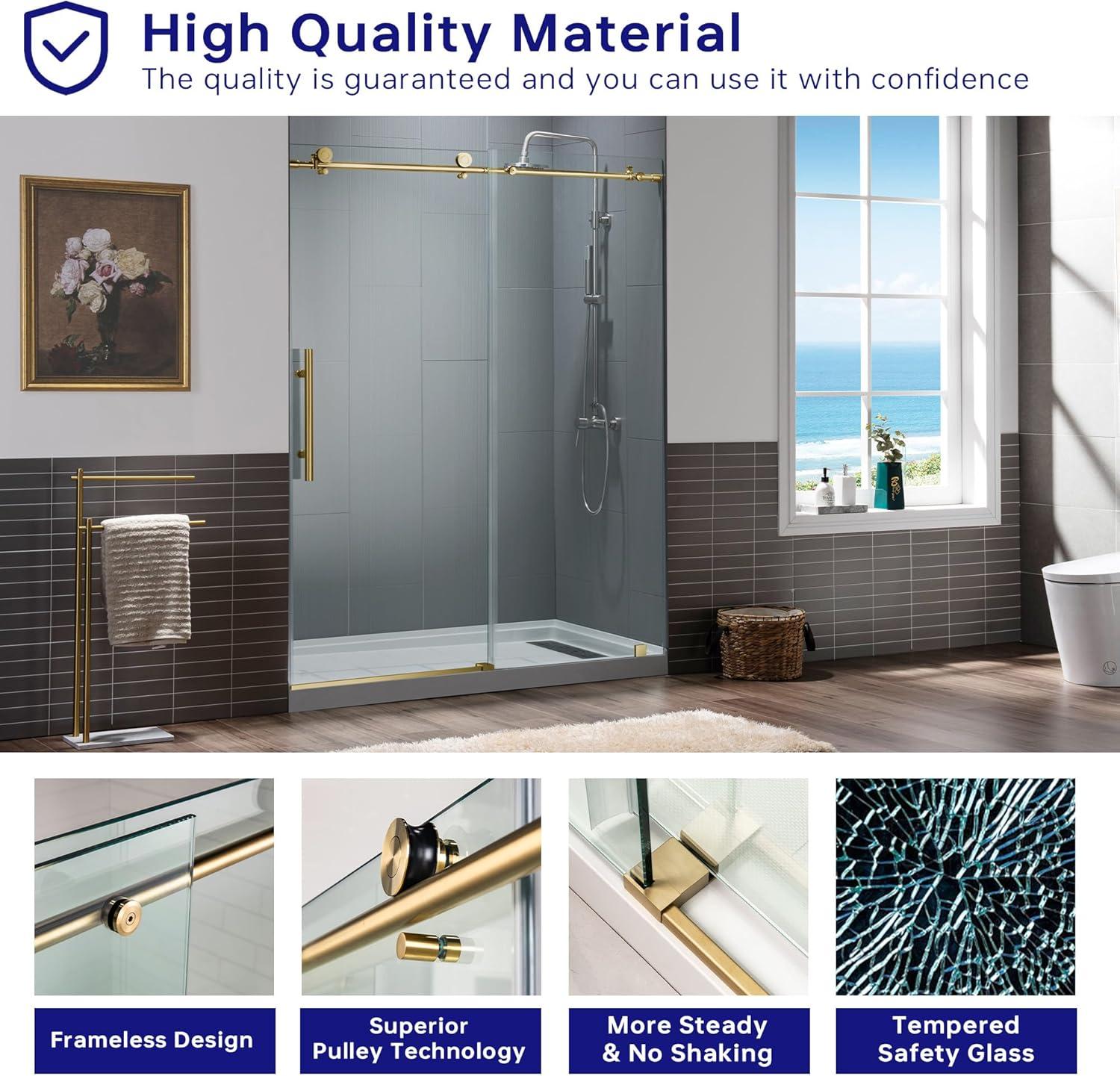 WoodBridge 56"-60" W x 76" H Single Sliding Frameless Shower Door | 3/8" (10mm) Thickened Upgrade Tempered Glass | Stainless Steel Hardware | Safe, Explosion-Resistant, Clear & Stylish, Sturdy & Durable MBSDC6076-BG
