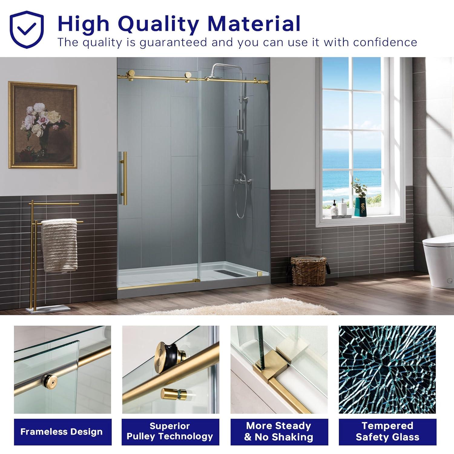 WoodBridge 56"-60" W x 76" H Single Sliding Frameless Shower Door | 3/8" (10mm) Thickened Upgrade Tempered Glass | Stainless Steel Hardware | Safe, Explosion-Resistant, Clear & Stylish, Sturdy & Durable MBSDC6076-BG