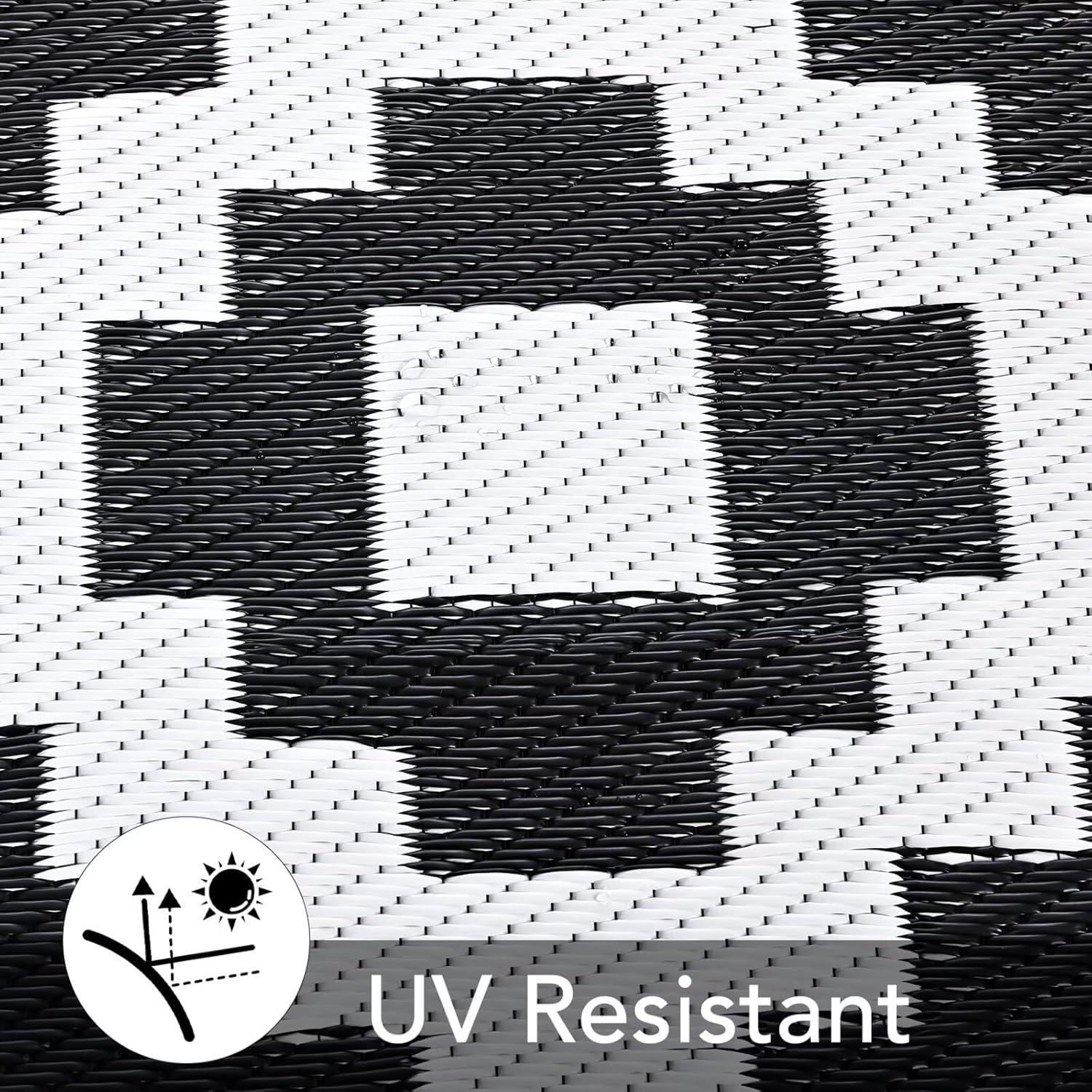Garvee Waterproof Outdoor Rug 9'x12' Reversible Plastic Patio Rugs, Portable Modern Abstract Indoor Outdoor Carpet for Camping, Balcony, Deck, Backyard, Black & White, with Storage Bag