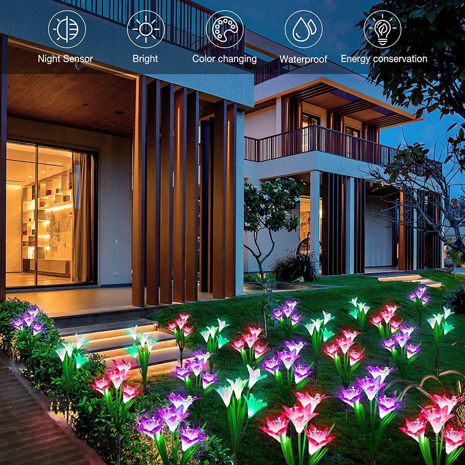 ANGMLN 4 Pack Solar Flowers Lights,16 Bigger Head Solar Lily Flowers, 7 Color Changing Pathway Lamps for Garden Patio Yard Party Wedding Holiday Outdoor Garden Stake Decoration(Purple2&White1&Pink1)