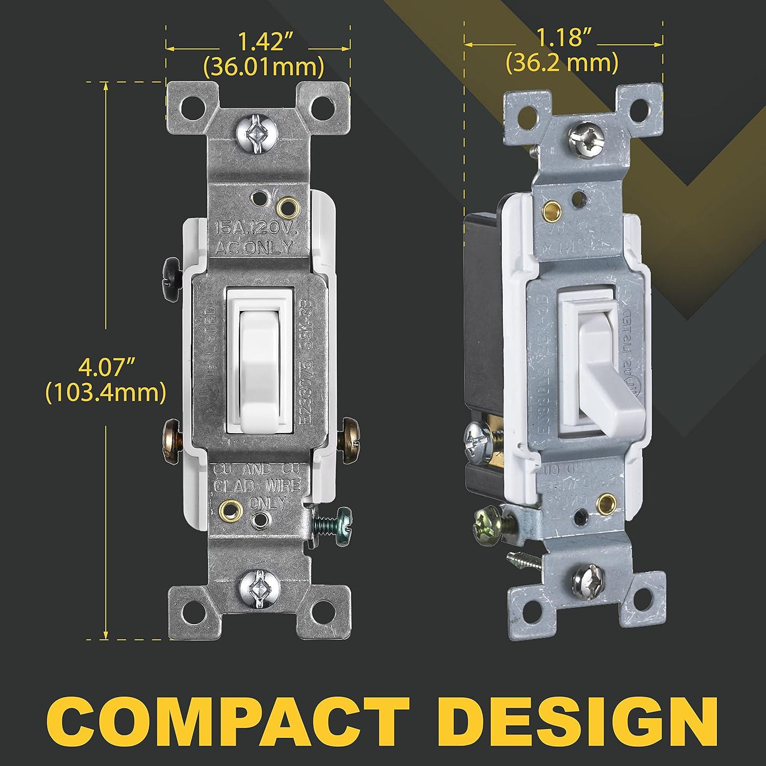 Faith White Toggle Light Switch, Single Pole Standard Wall Switch, 15 Amp Switch Toggle, Grounding Screw, 120V, 10 Pack