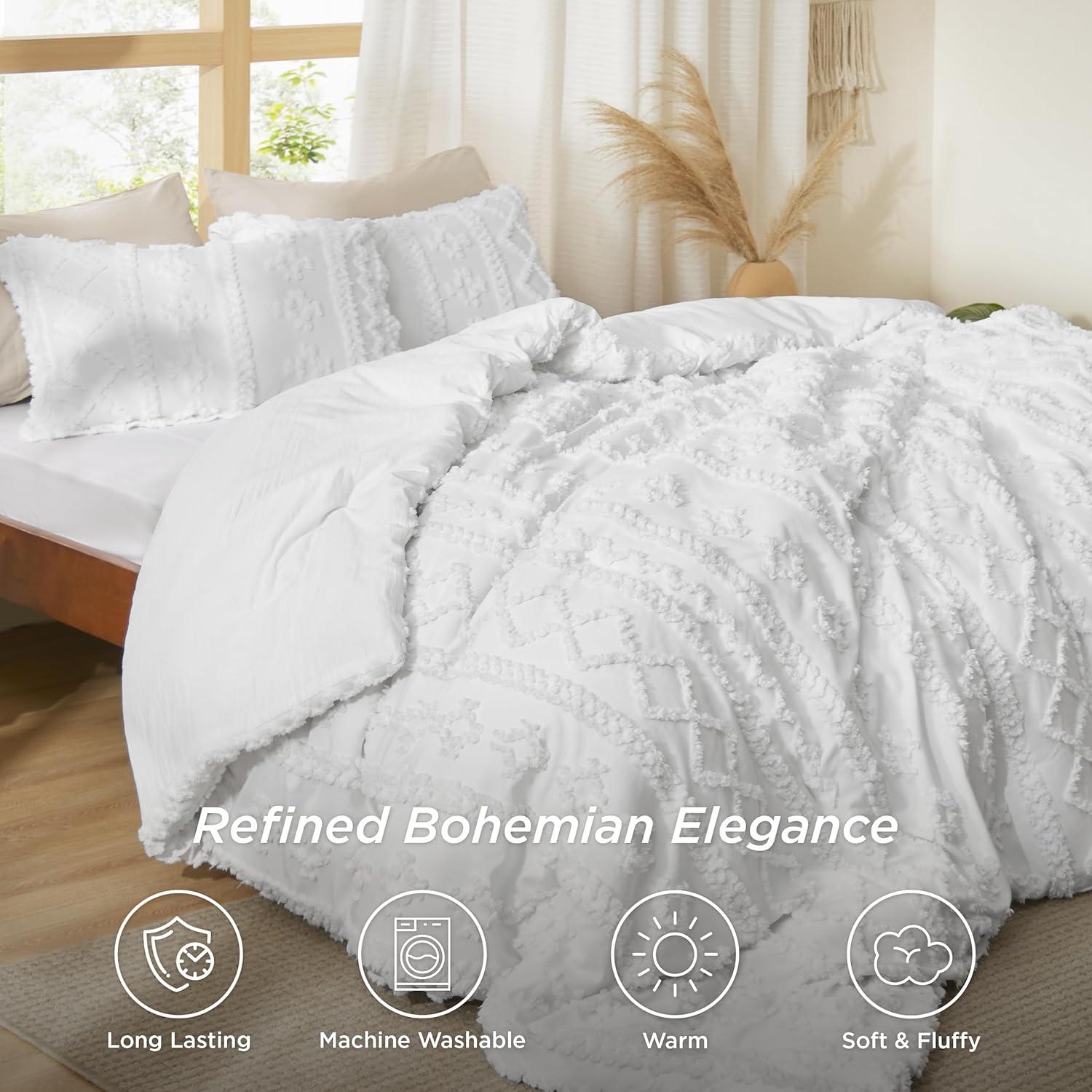 Bedsure Tufted Boho Comforter Set California King - Bright White Boho Bed Set, GentleSoft™ 3 Pieces Farmhouse Shabby Chic Embroidery Bedding, Gifts for Woman, Soft Jacquard Comforter for All Seasons