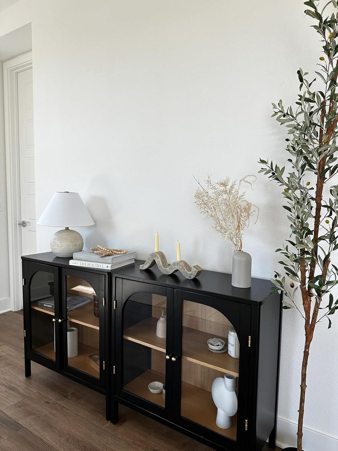 Mason Black and Oak Sideboard Buffet with Glass Doors