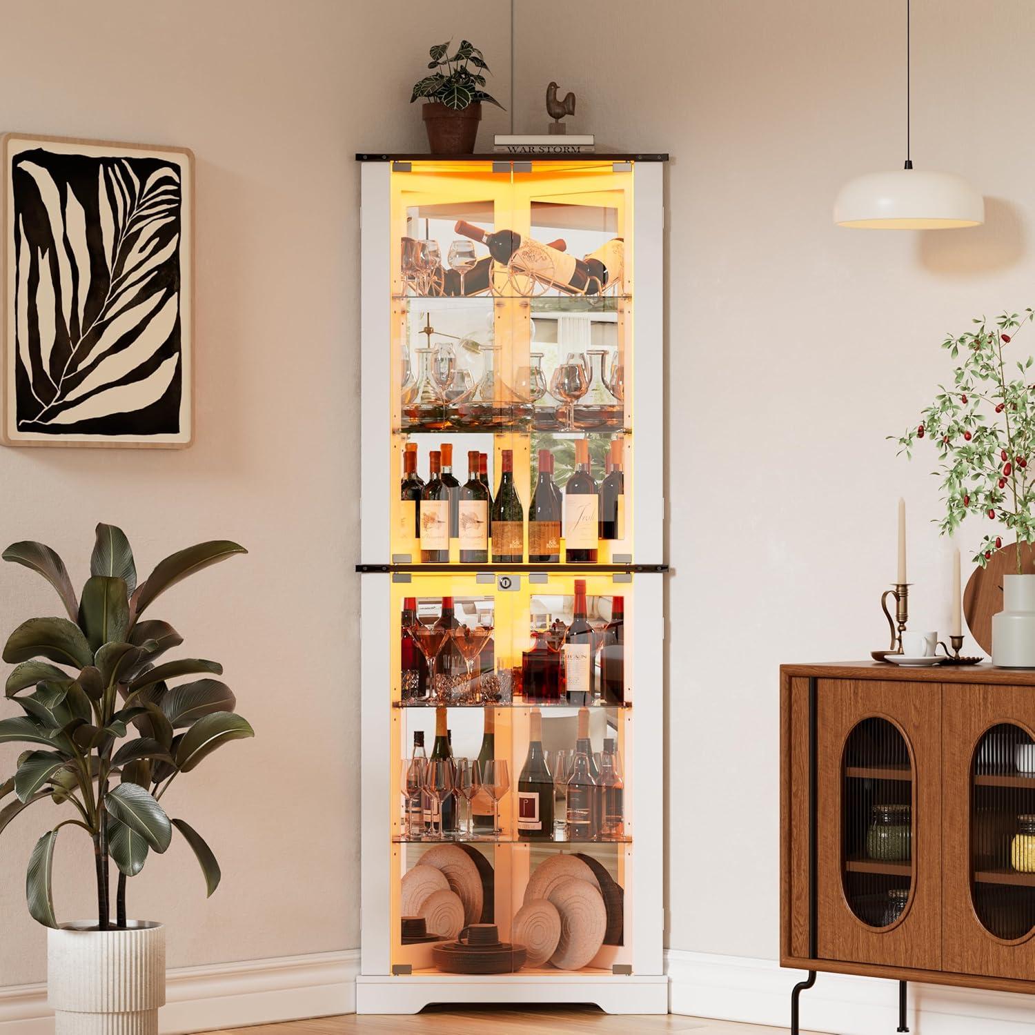 PAKASEPT 71'' Farmhouse Display Curio Cabinet with LED Lights,Tempered Glass Doors,6 Shelves,Corner Wine Cabinet Storage Rack for Bar and Liquor Storage,White (1, Triangular)