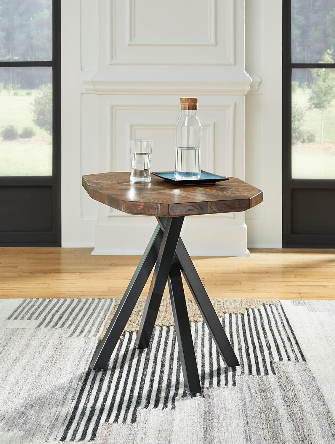 Haileeton Octagonal Black Metal and Brown Wood End Table