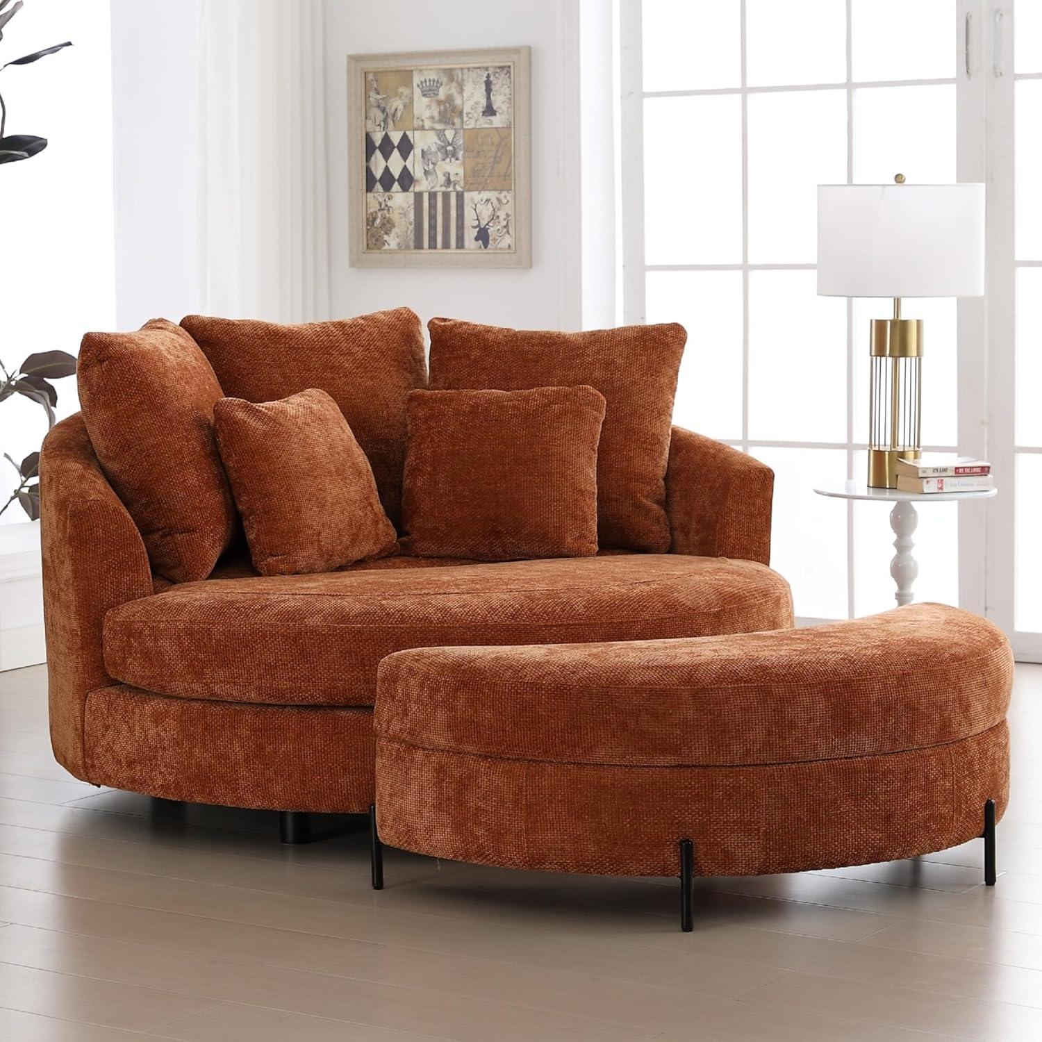 Sinzho & Wiyfun 59.8" W Upholstered Oversized Round Barrel Chair Extra Large Accent Chair with Half Moon Storage Ottoman & Wheels & 5 Pillows for Living Room, Knitted Chenille Fabric, Burnt Orange