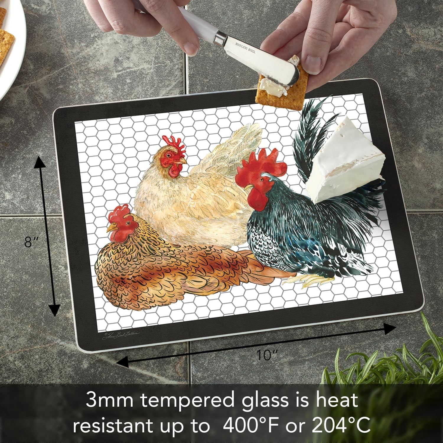 CounterArt Whimsical Roosters 3mm Glass Cutting Board 10” x 8”