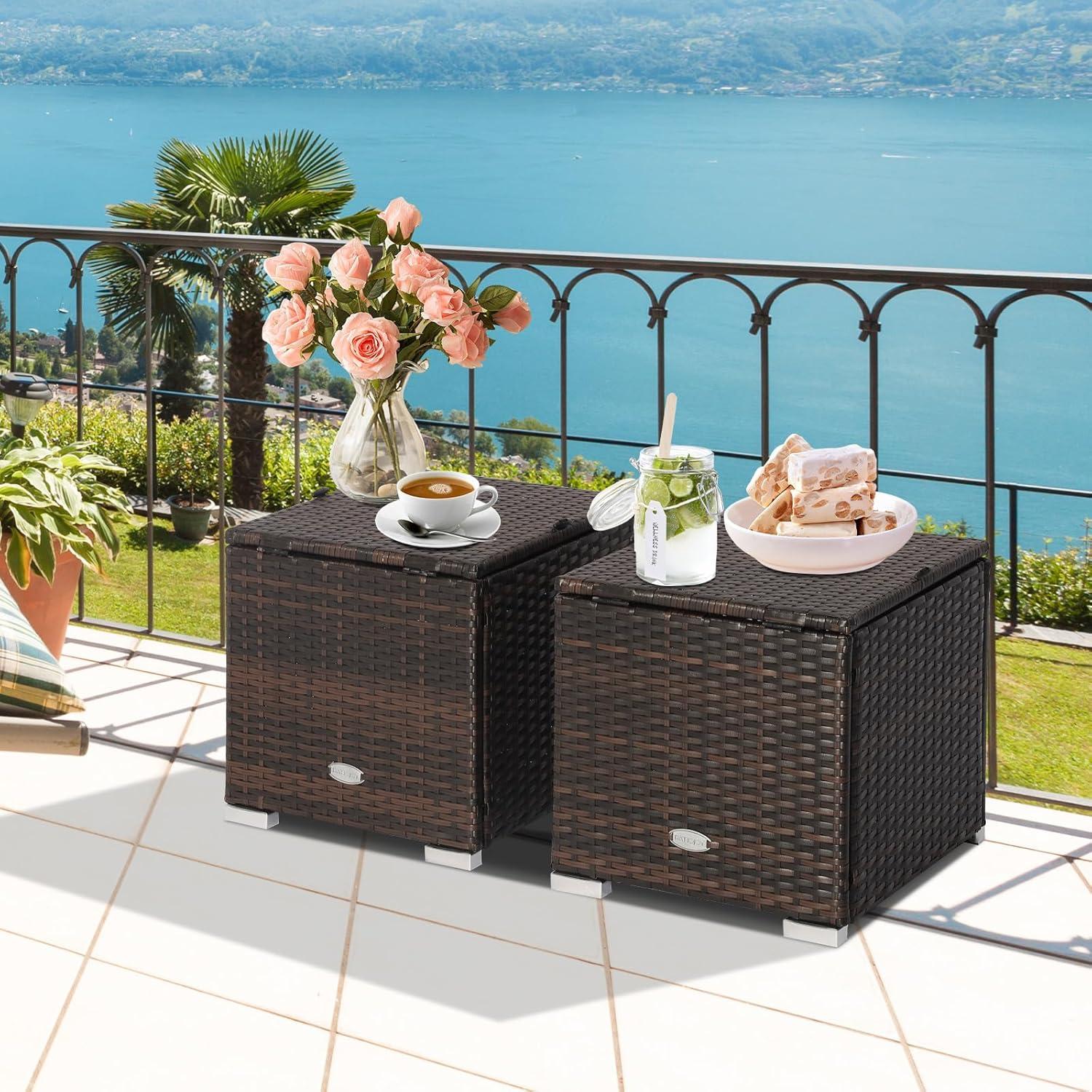 Navy Cushioned PE Rattan Storage Ottomans Set
