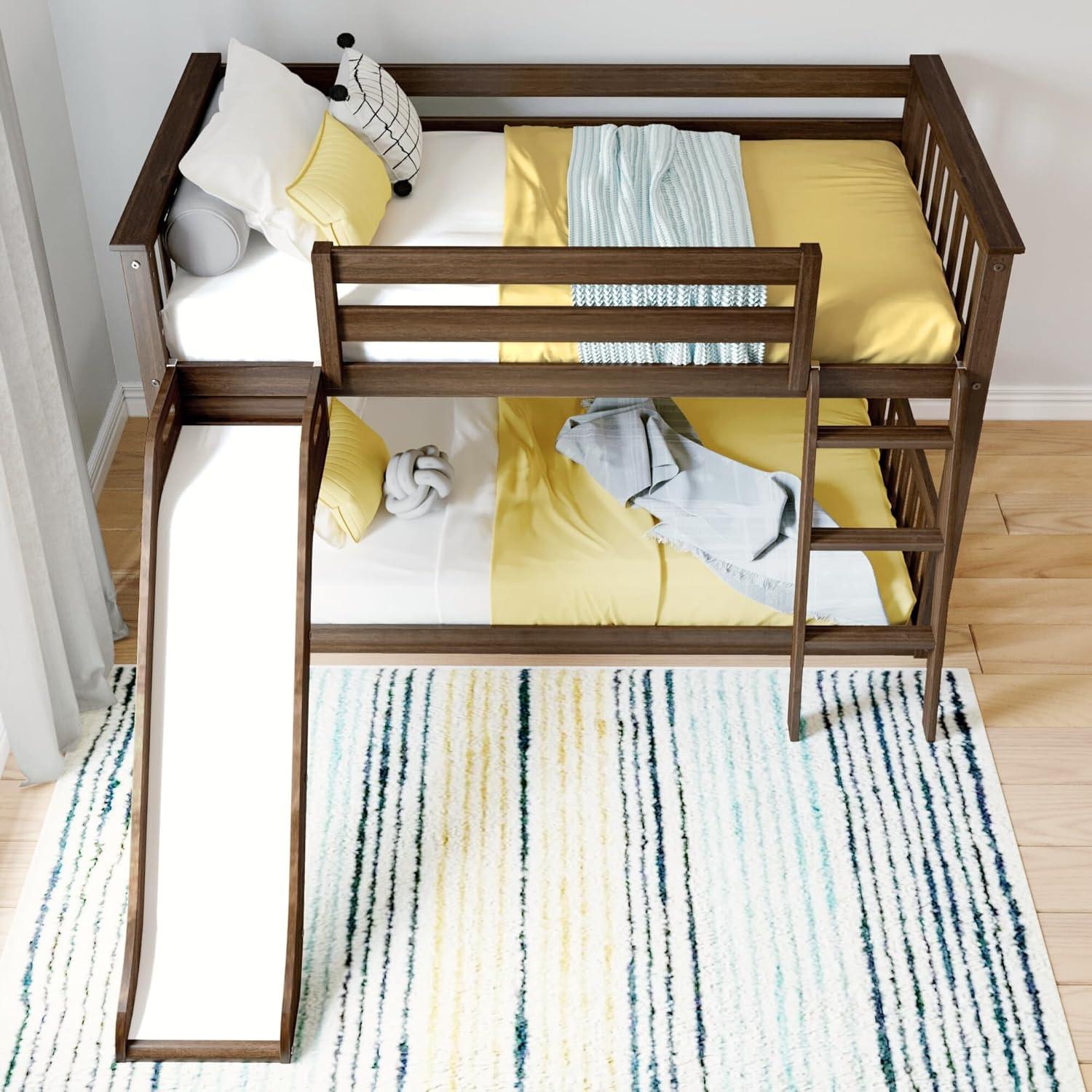 Max & Lily Twin Over Twin Low Bunk Bed with Slide, Solid Wood Kids Platform Bed with 14” Guardrails, Walnut