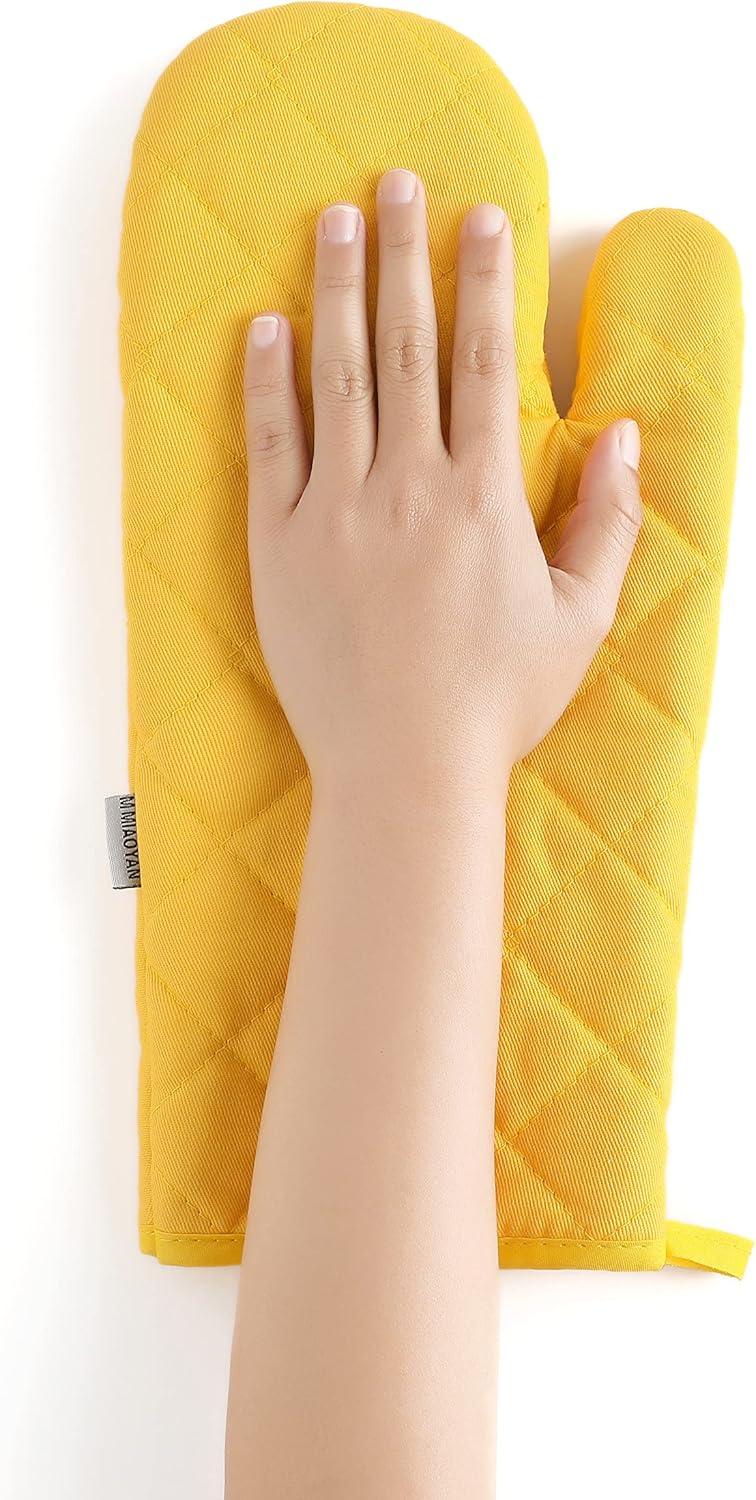 Oven Mitts and Pot Holders 4 pcs Set,High Heat Resistant 500 Degree Extra Thicken Long Kitchen Cotton Oven Glove for Cooking (12 Inch,Yellow) C49