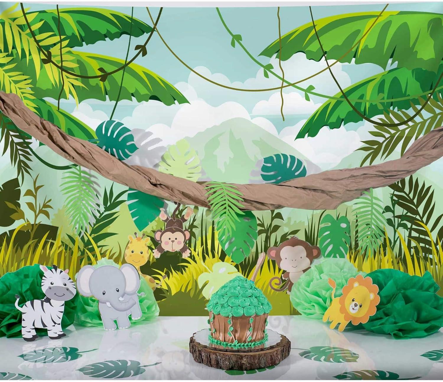 Safari Birthday Decorations 7x5ft Ployester Fabric Photography Backdrop Green Spring Forest Jungle Party Background Banner Supplies Baby Shower Decorations